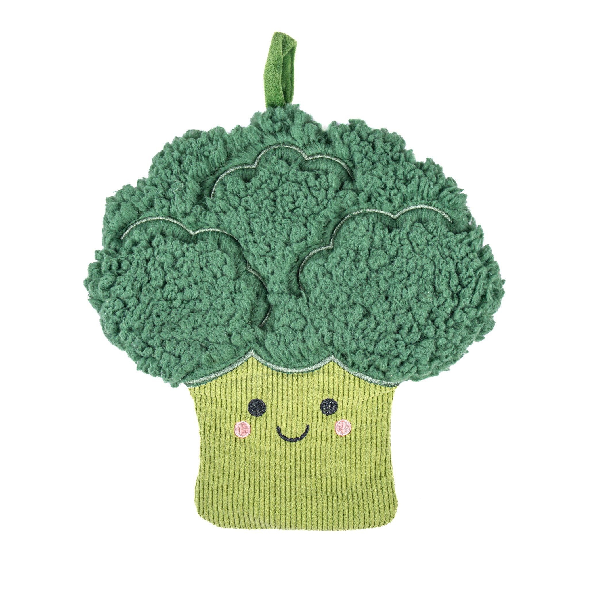Broccoli hot water bottle by Sass & Belle cut-out, green plush cover with smiling broccoli