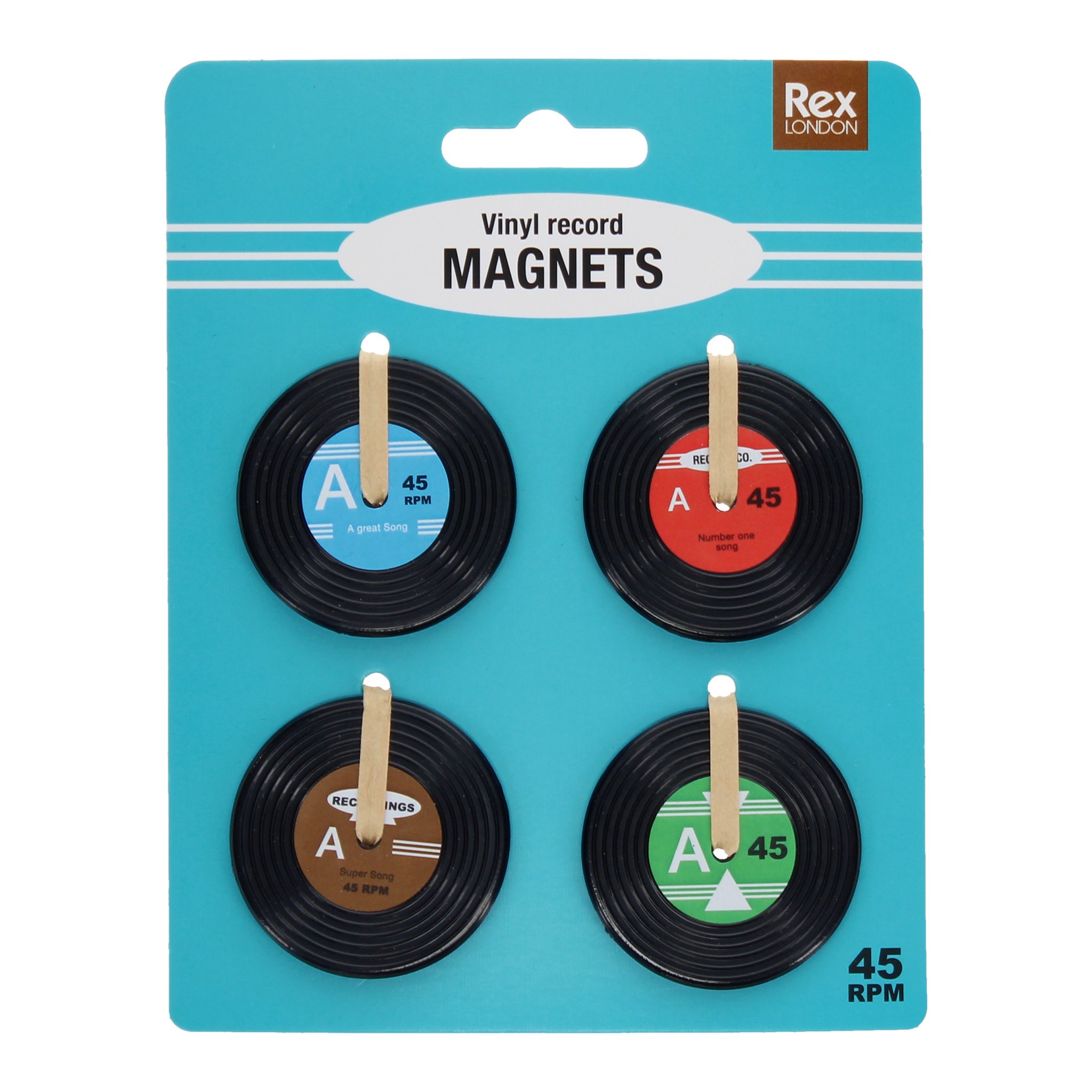 Schallplatten Magnet-Set: vier Vinyl-Magnete auf der türkisen Rex-London-Karte