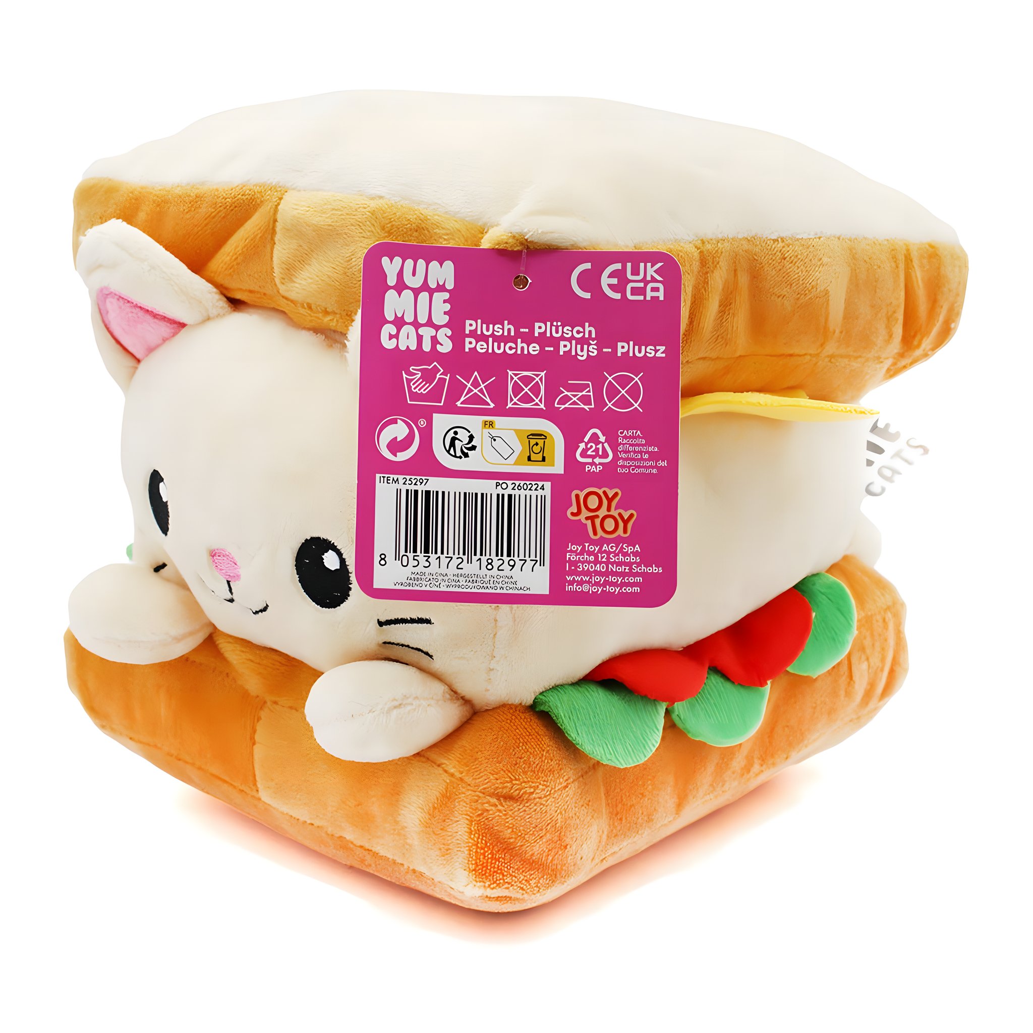 Yummie Cats Katzen-Toast Plüsch mit Hängeetikett und Pflegehinweisen