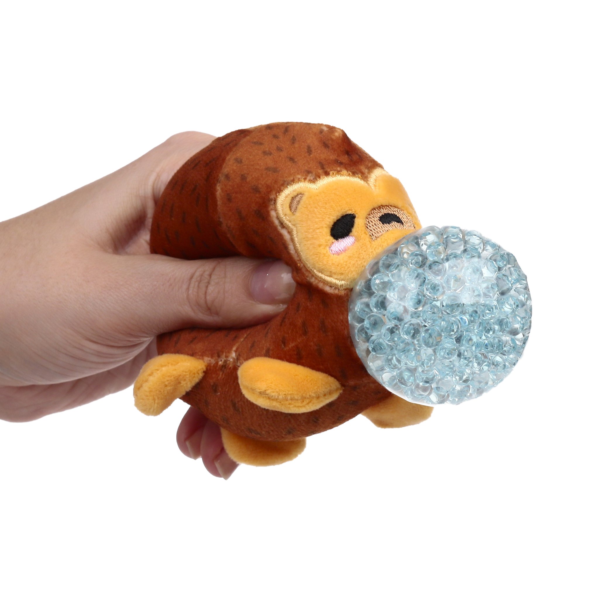 Balle anti-stress singe en peluche tenue en main, perle de gel qui ressort