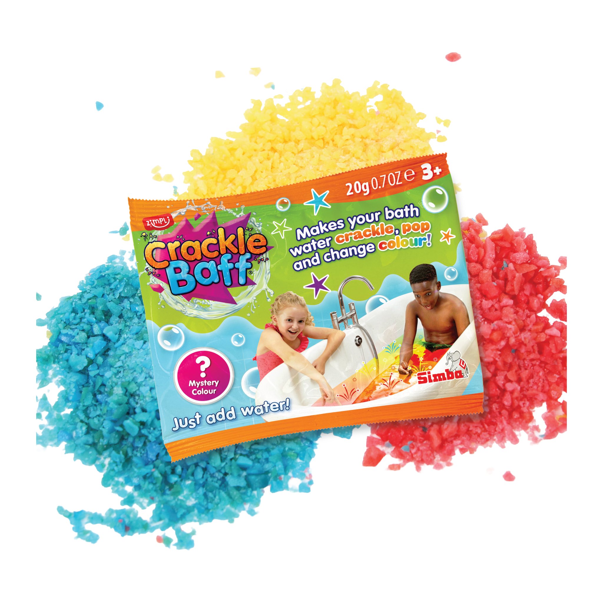 Crackle Baff Colours sachet with blue, yellow and red crackling crystals