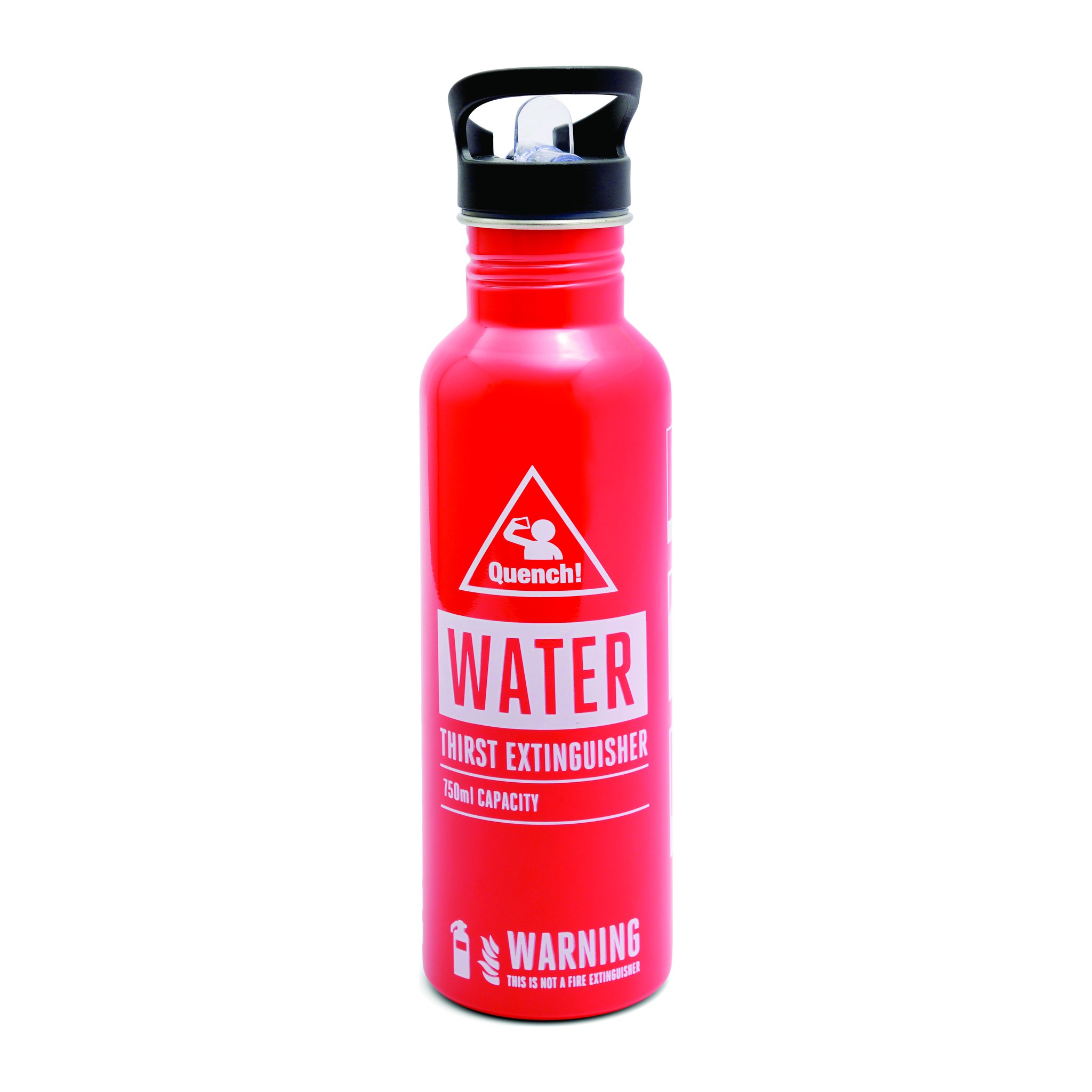 Bouteille à eau extincteur rouge avec inscription blanche WATER Thirst Extinguisher et bouchon paille noir