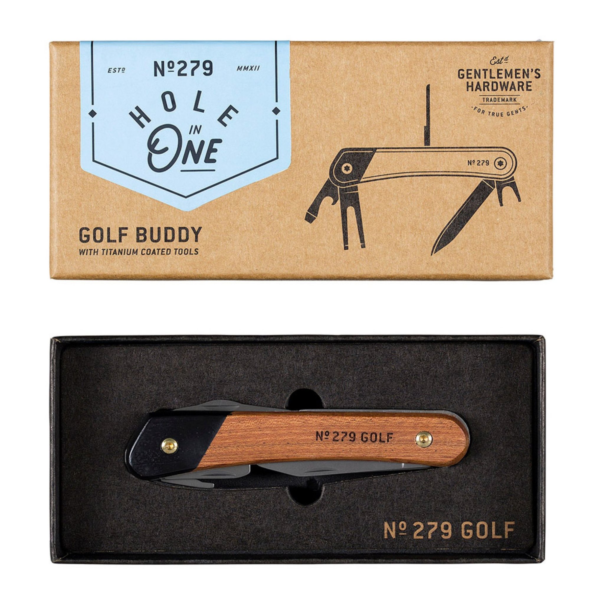 Kraftpapier-Schachtel «Golf Buddy» mit darunter geöffneter schwarzer Box, darin das Golf Multitool mit Holzgriff