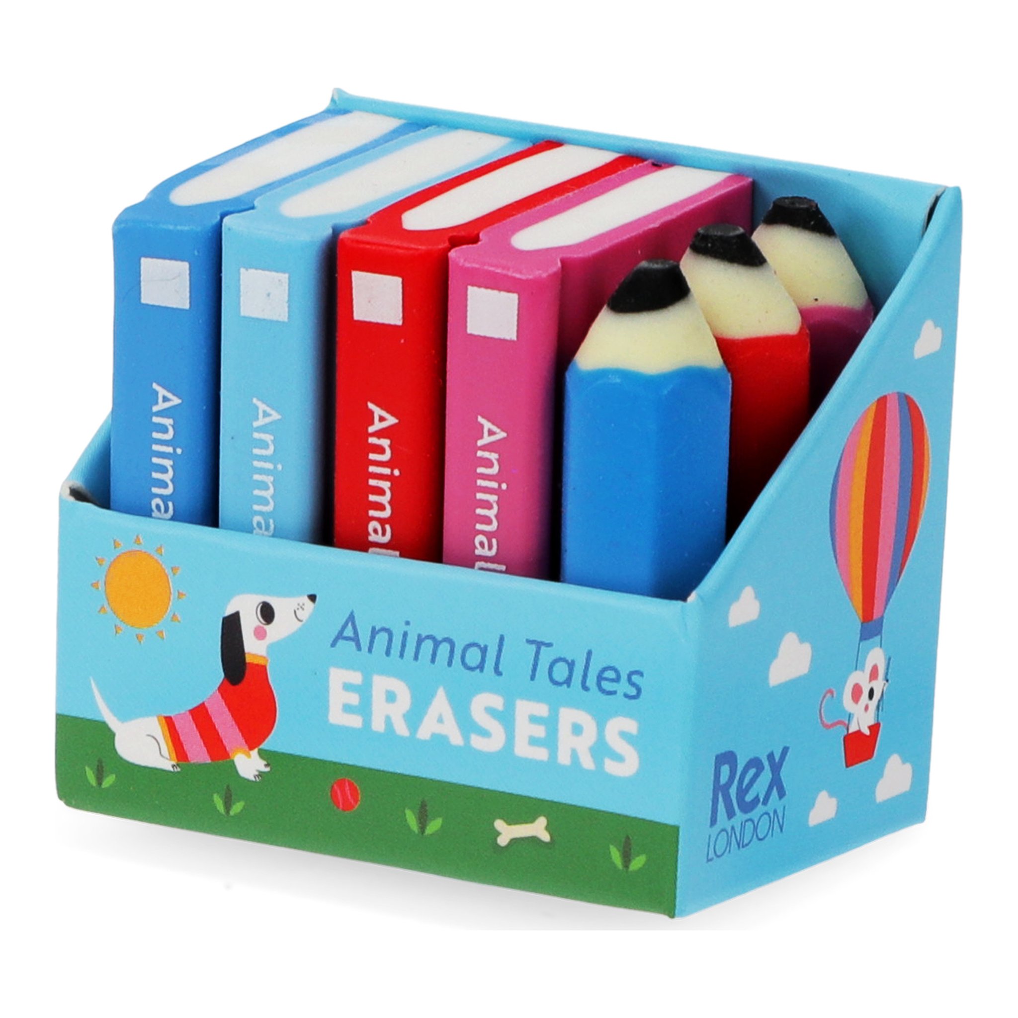 Die Bücherbox «Animal Tales Erasers» mit den eingesteckten Radiergummis