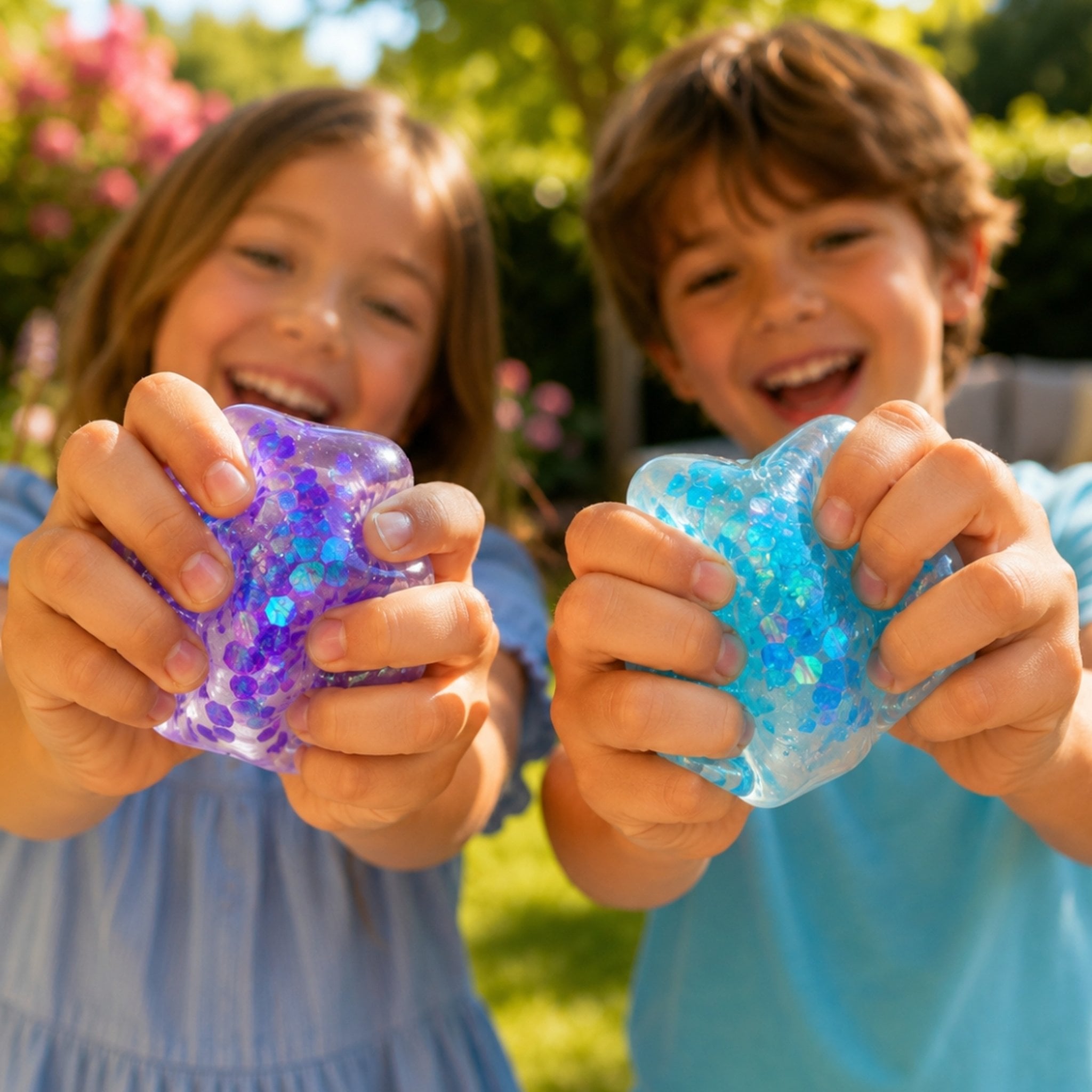 Zwei lachende Kinder drücken im Garten je einen Squishy Würfel in Violett und Blau