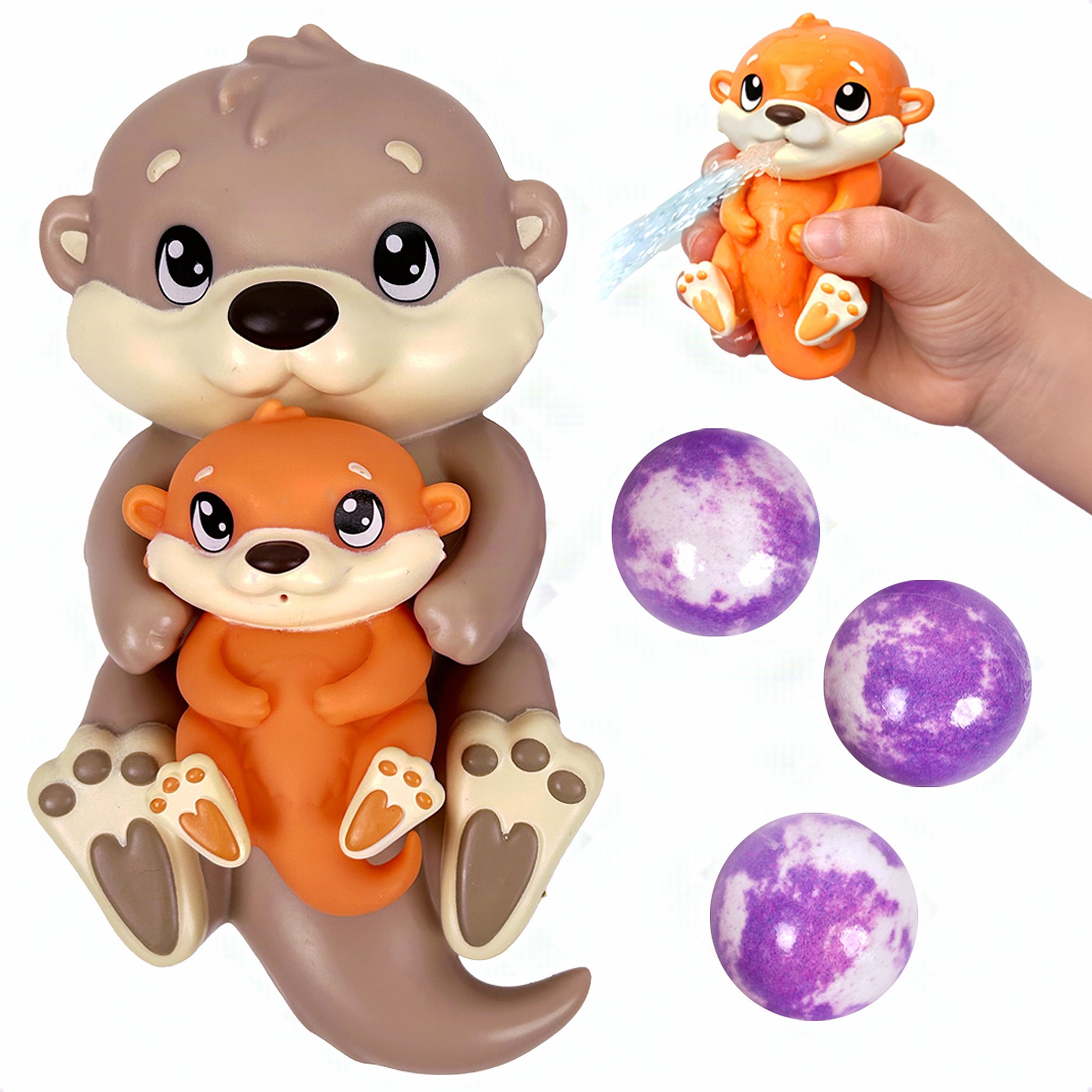 Mother otter holding her baby on her tummy, next to three purple lavender bath bombs