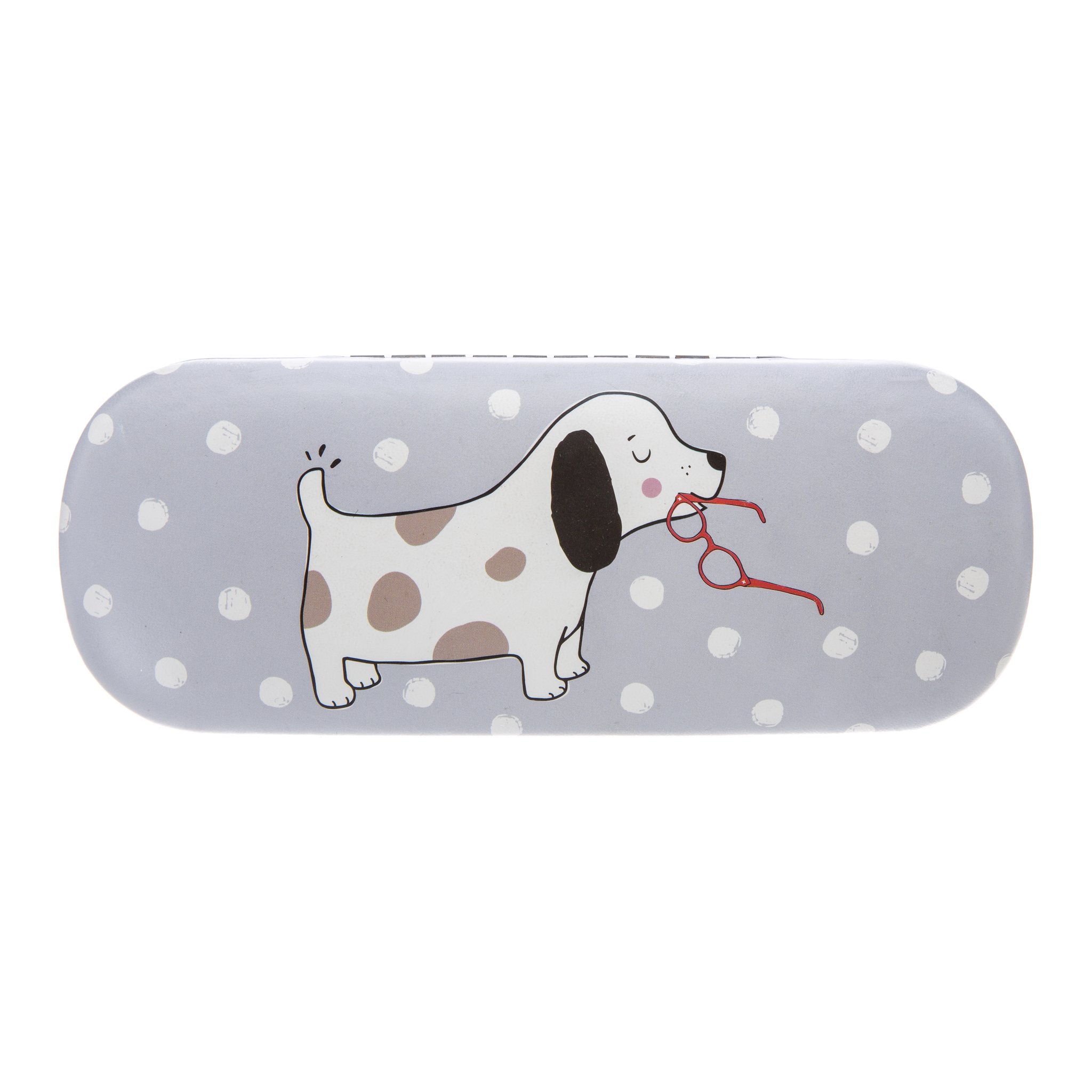 Étui à lunettes Barney détouré, étui gris à pois avec le chien Barney