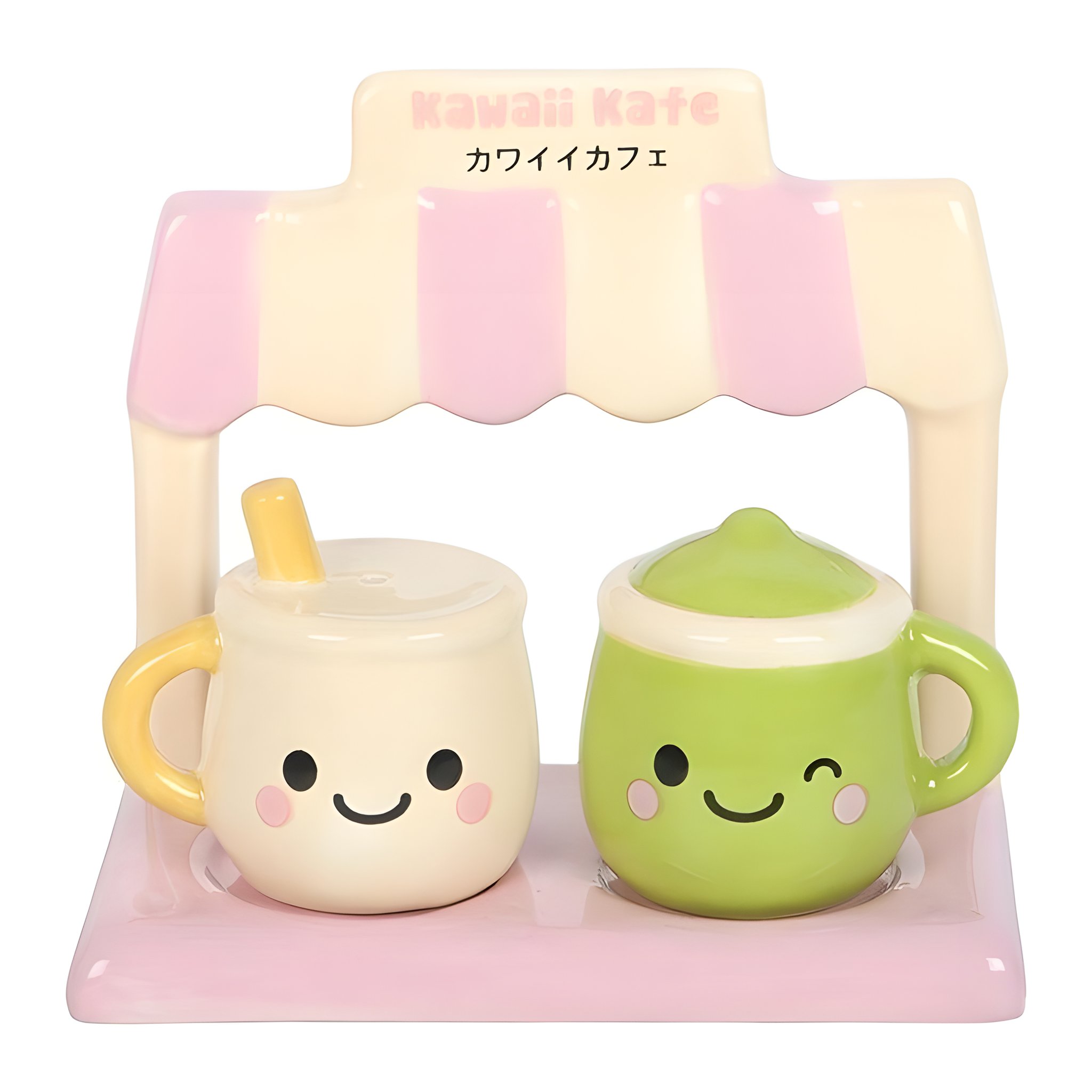 Vue de face des salière et poivrière kawaii sous l'auvent rayé rose
