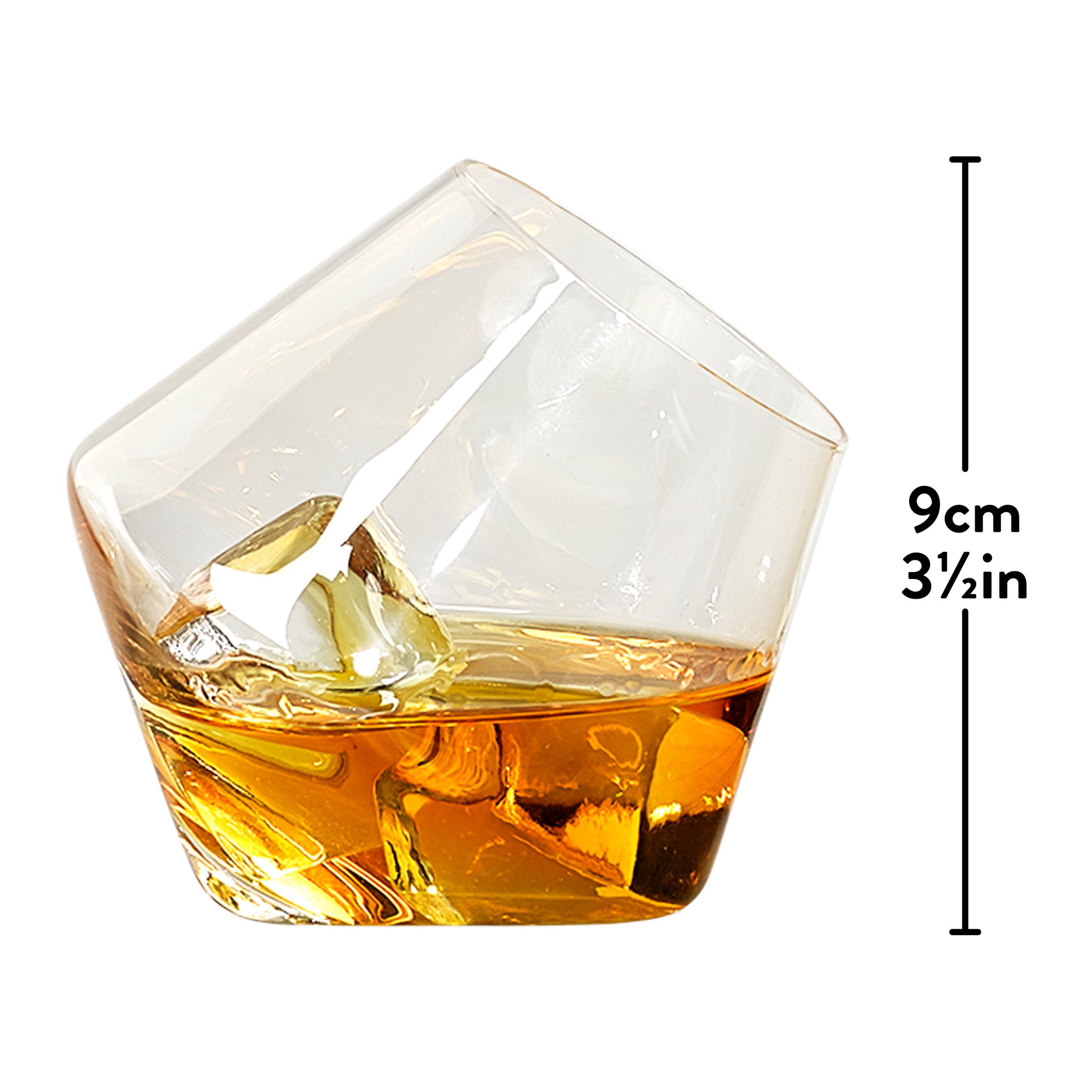 Close-up of a Rocking Whisky Glass holding whisky and an ice cube, with a vertical height marker beside it