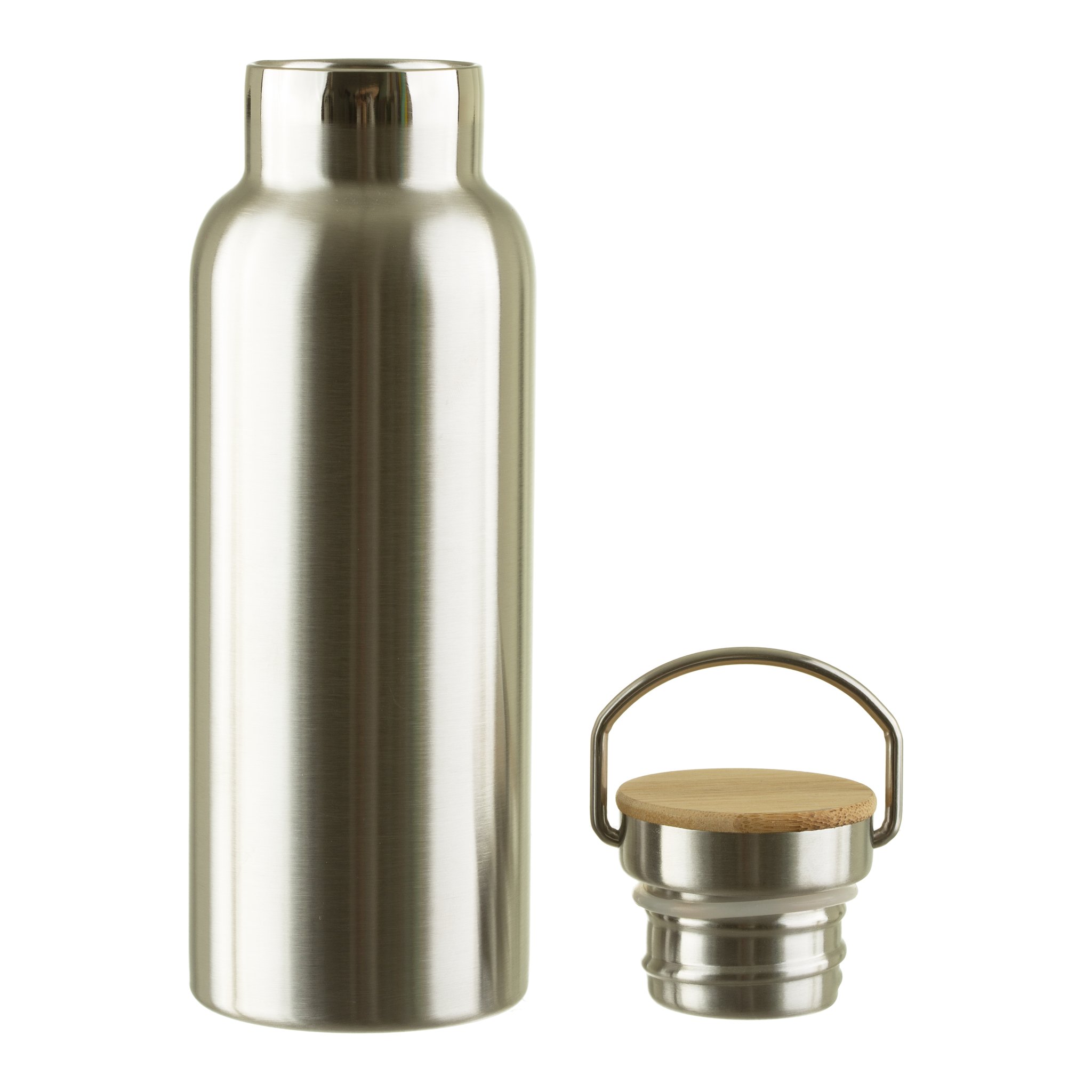 Trinkflasche mit Bambusdeckel geöffnet, Deckel daneben, freigestellt
