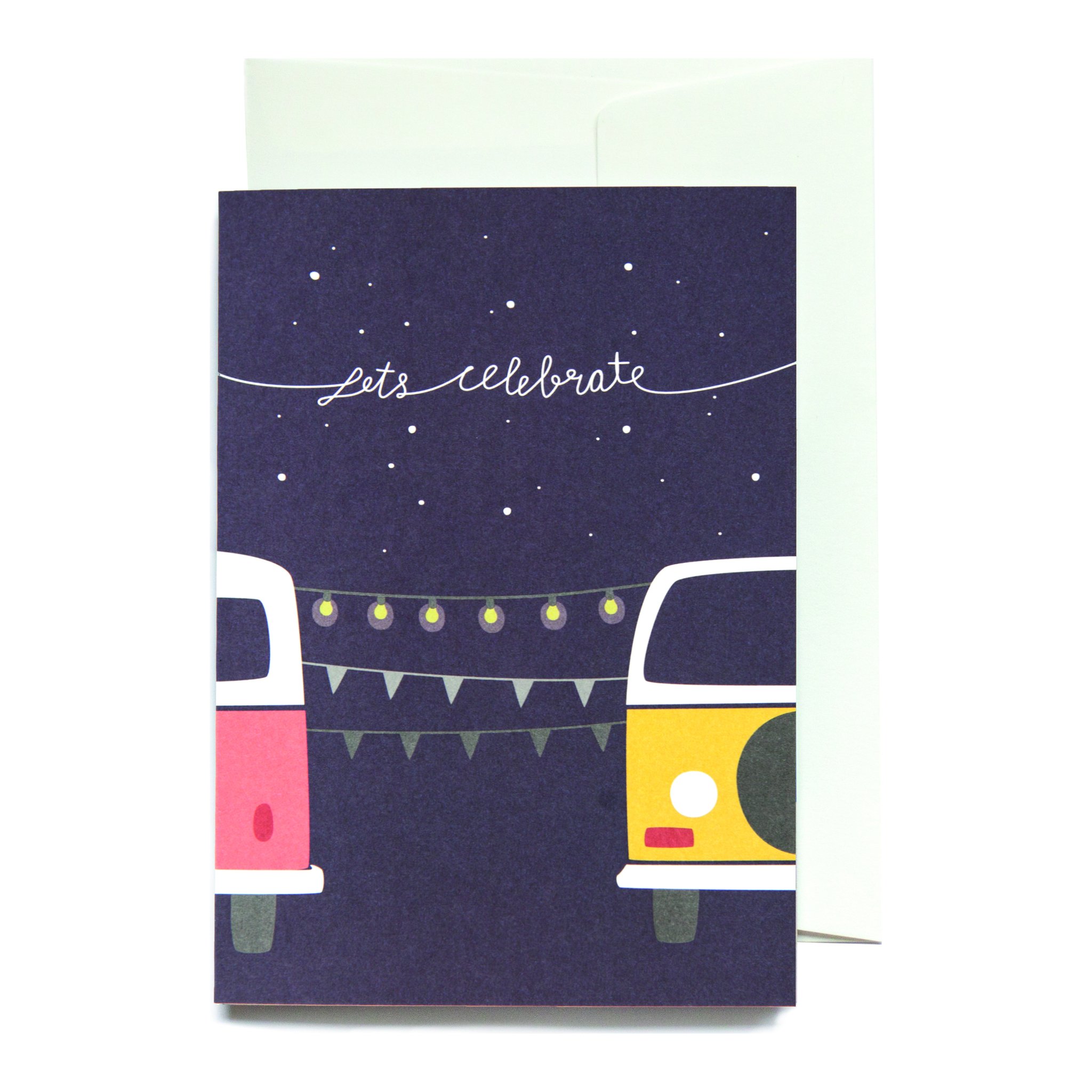 Grusskarte Let's celebrate mit zwei Bussen und Lichterkette