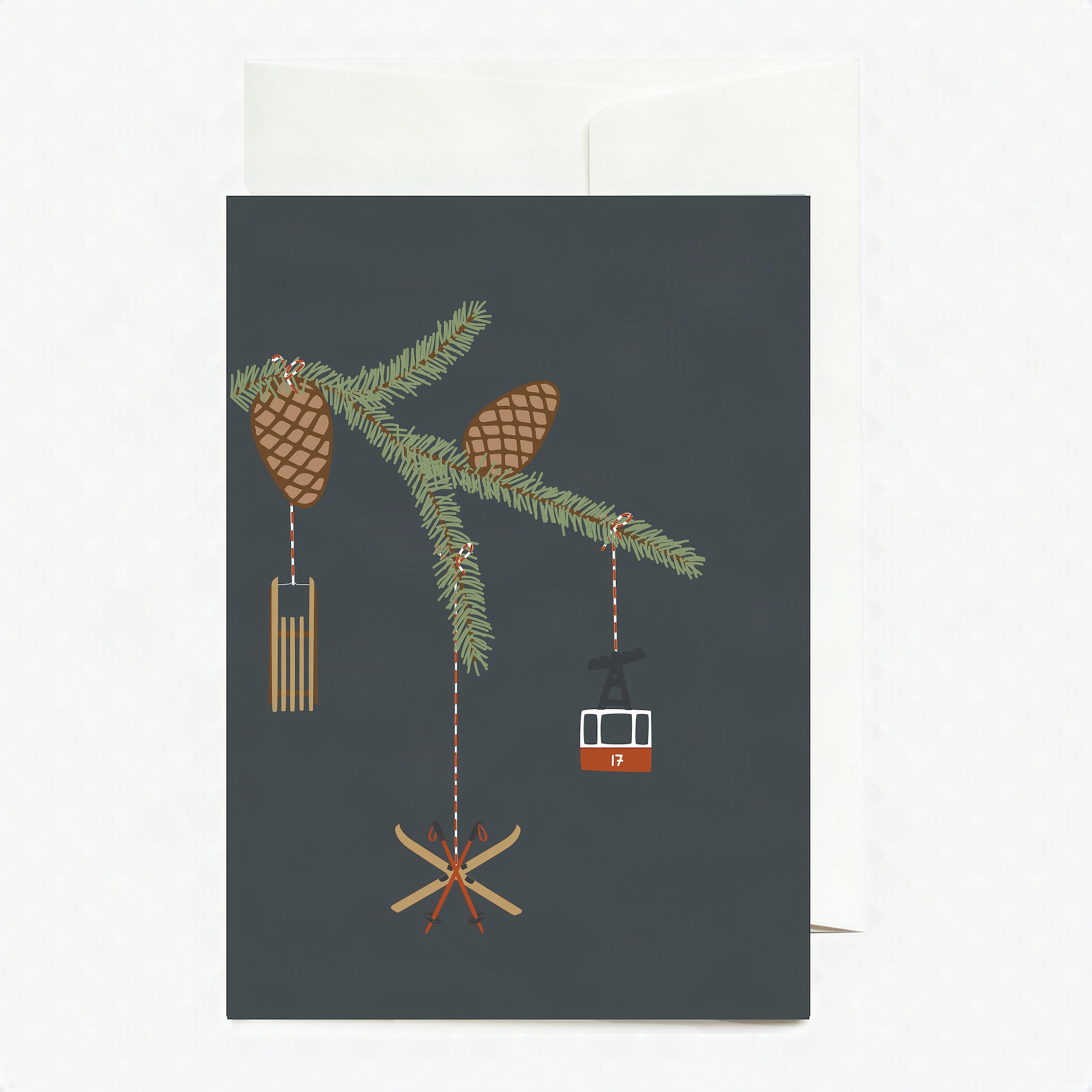 Carte de Noel avec telecabine et pommes de pin sur une branche de sapin