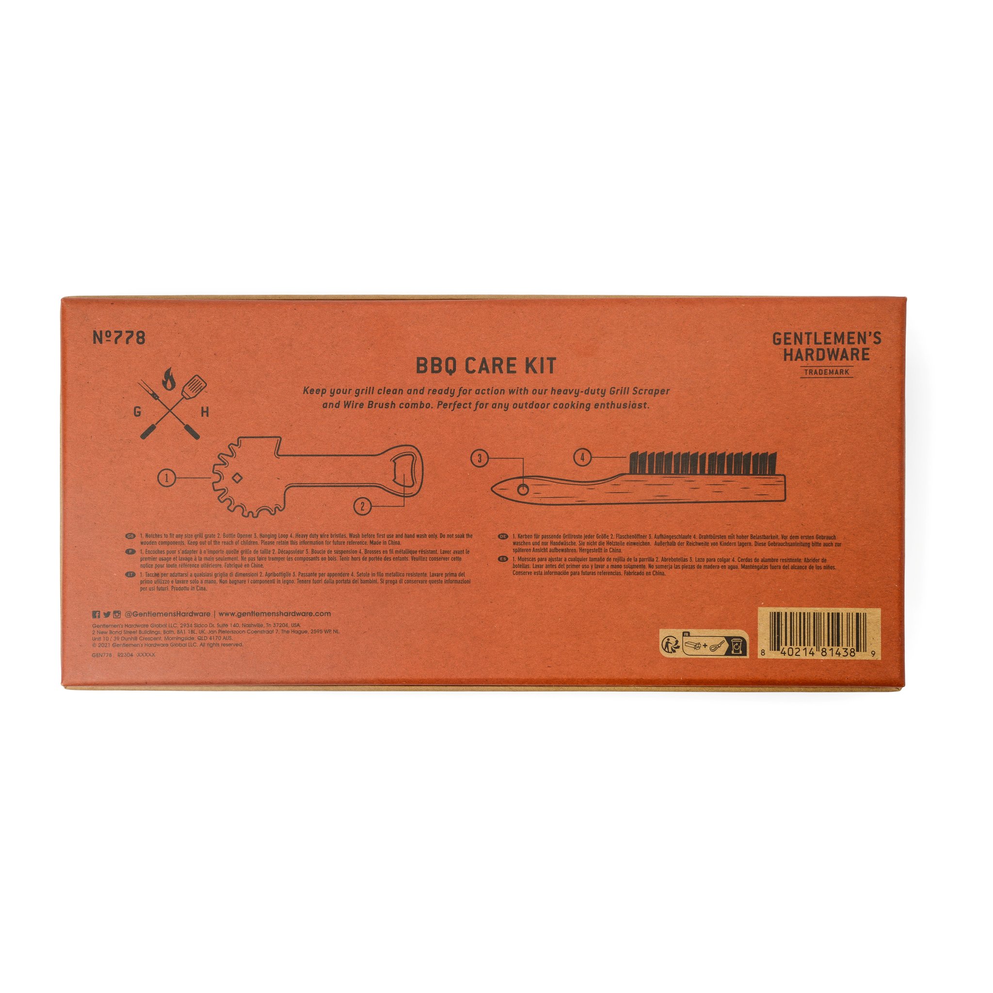 Dos de la boîte du kit pour l'entretien du barbecue avec schéma des deux outils, textes d'utilisation et code-barres