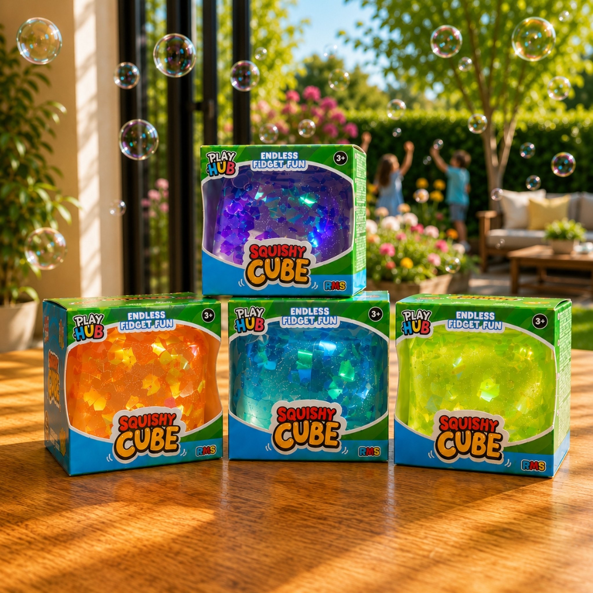 Quatre cubes squishy emballés sur une table de jardin en bois, bulles de savon en arrière-plan