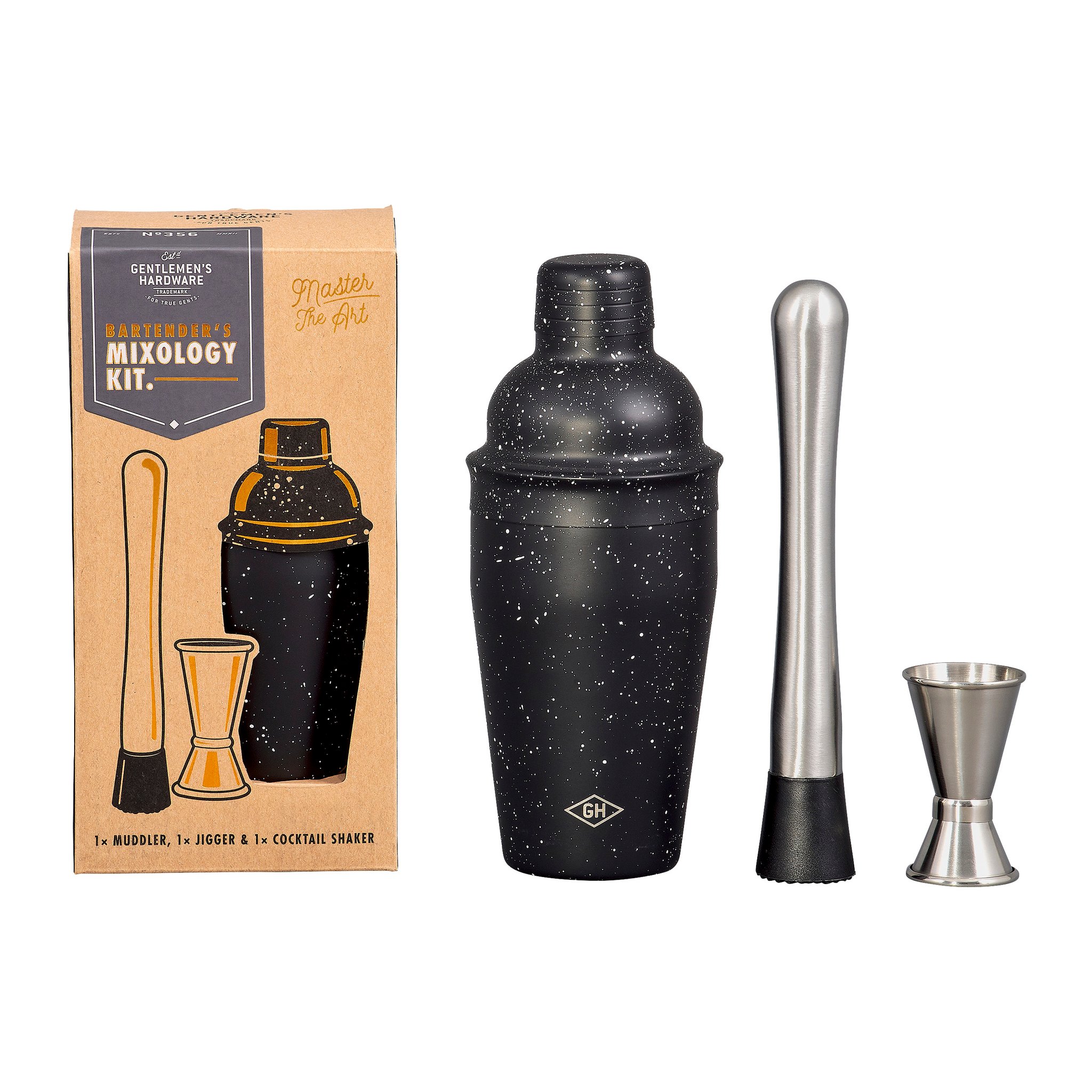 Kraft box of the Bartender's Mixology Kit beside the black speckled shaker, steel muddler and jigger