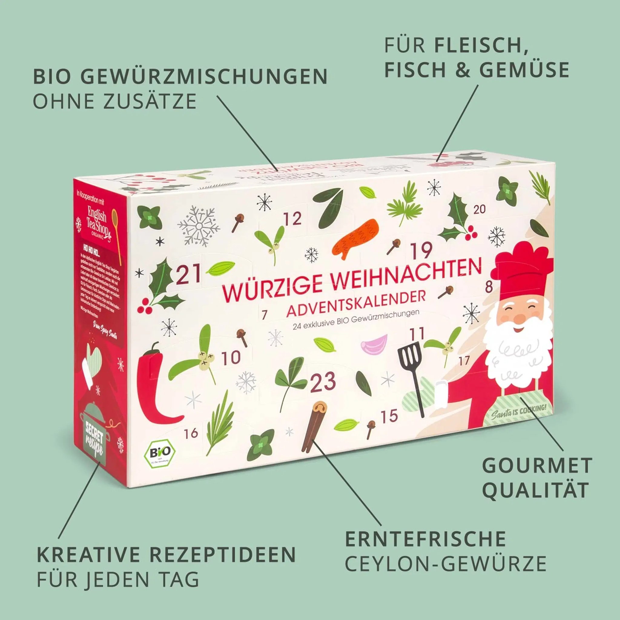 Overview of the spice advent calendar with organic spice blends and recipe ideas