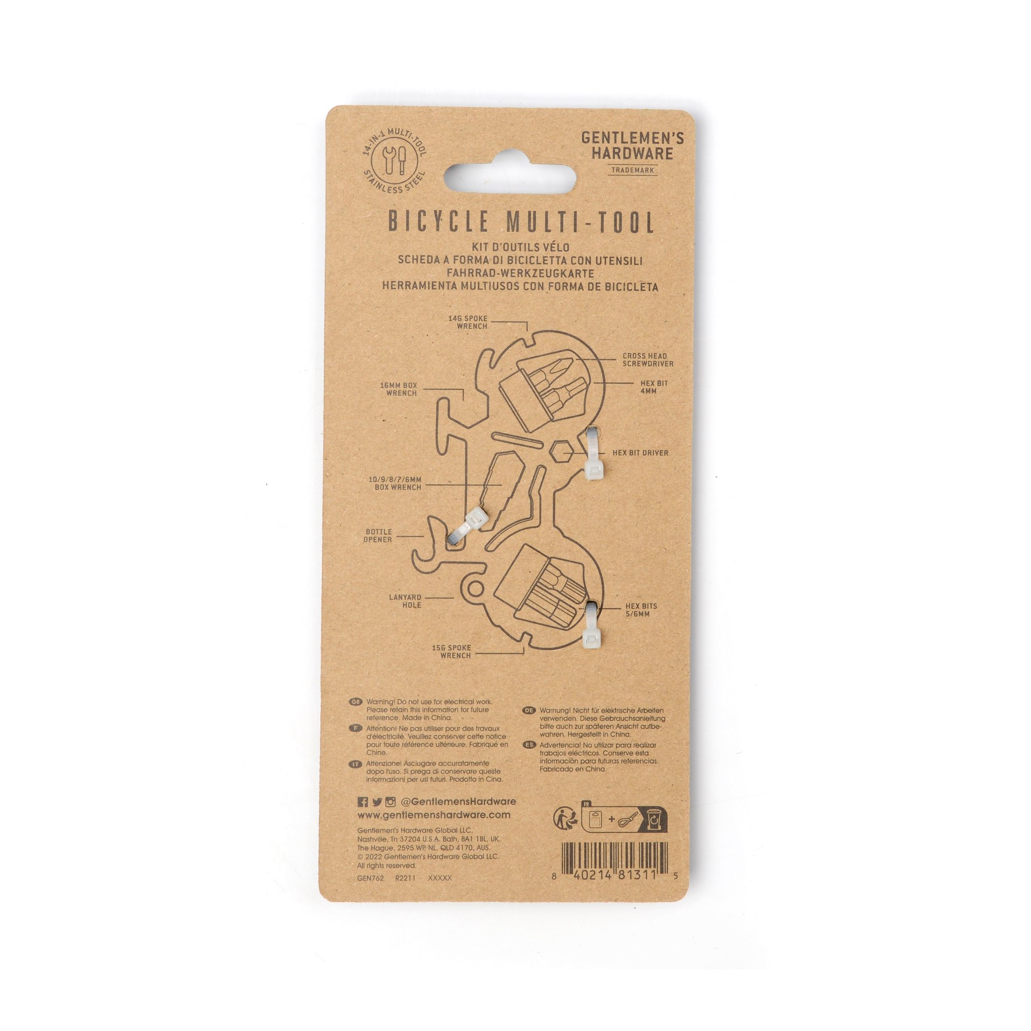 Back of the Mini Bicycle Multi-Tool cardboard packaging with a labelled function diagram and notices