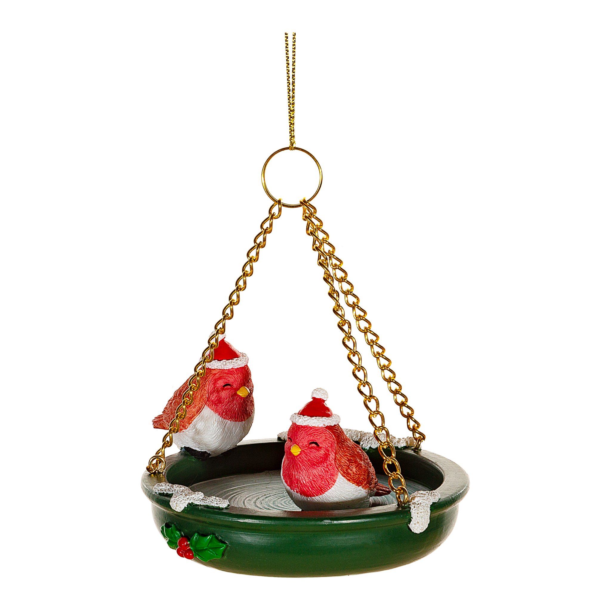 Décoration de Noël bain d'oiseaux détourée, vue latérale avec chaînes dorées