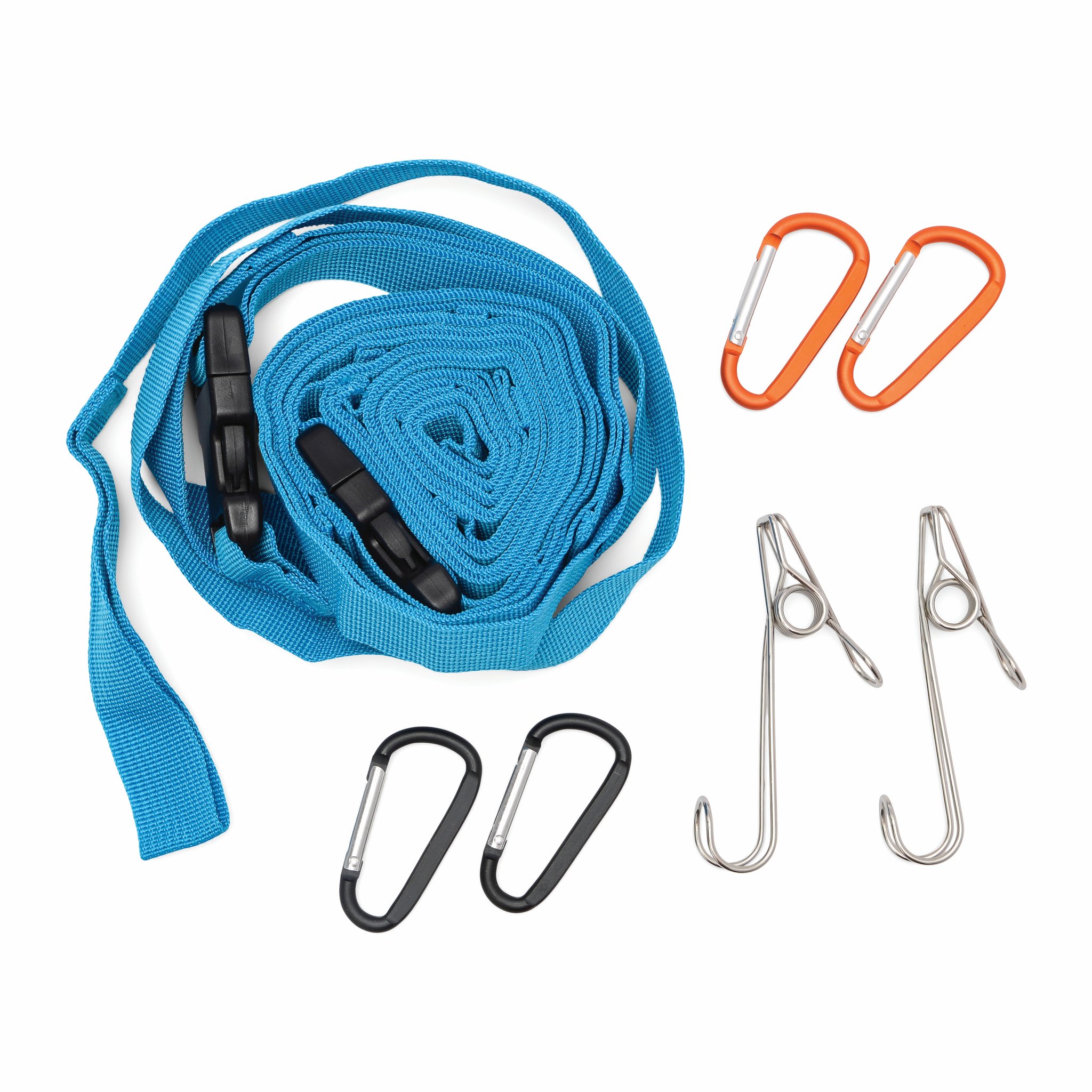 Coiled blue hanging strap with orange and black carabiners and two spring clips from the Hanging tent tidy