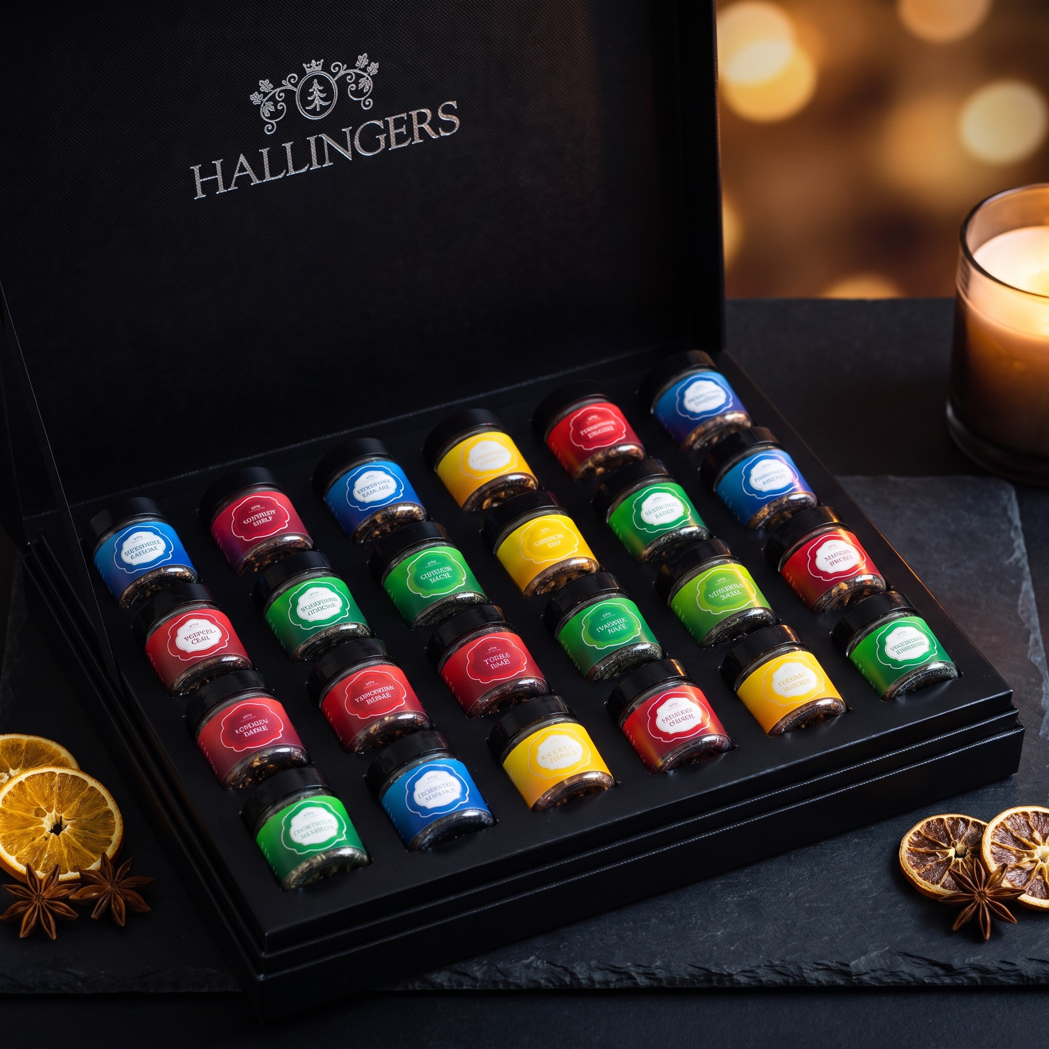 Tee-Adventskalender von oben mit allen 24 farbigen Teegläsern, daneben Orangenscheiben und Sternanis