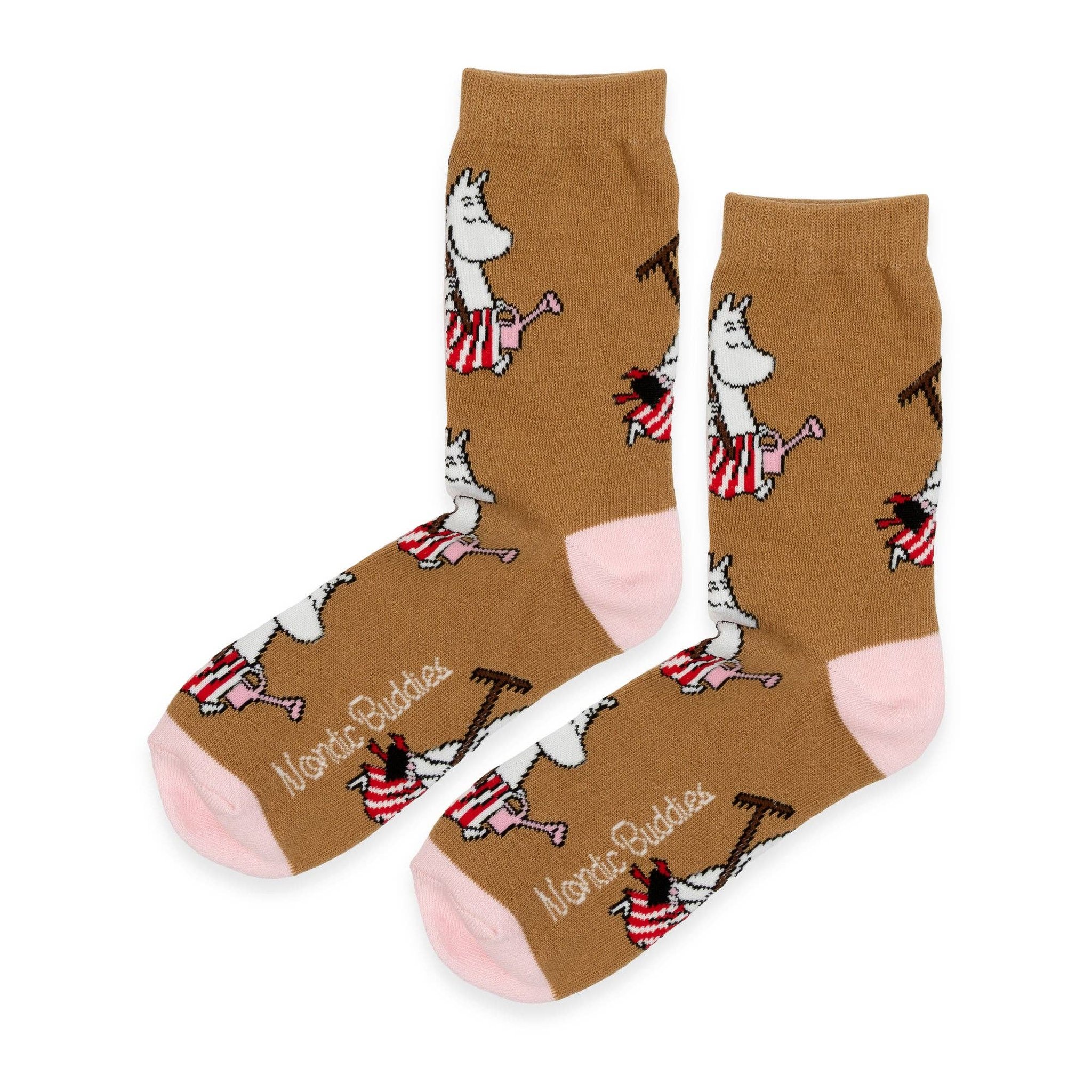 Calze Moomin marroni con Mamma Mumin, annaffiatoio e rastrello, primo paio della confezione
