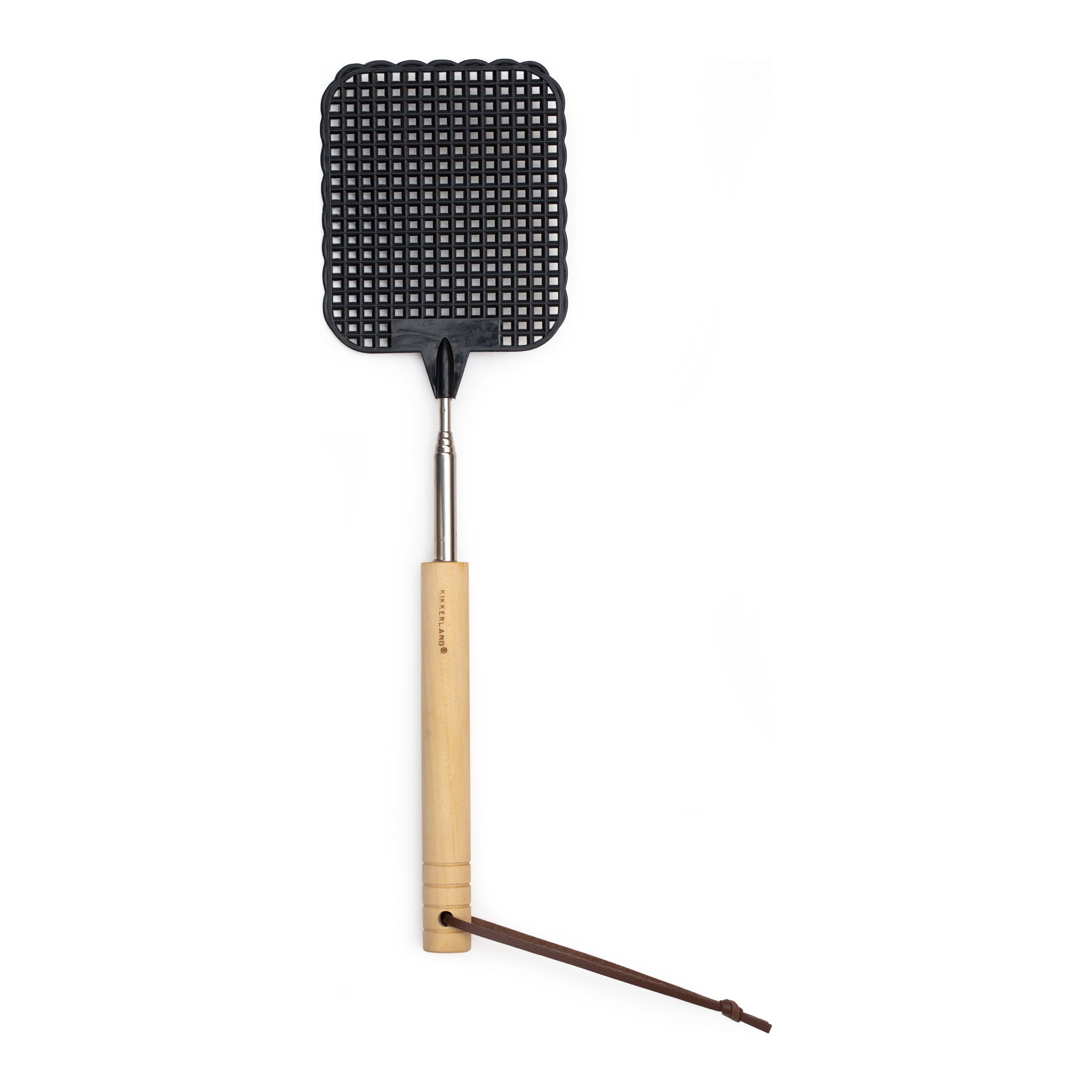 Schwarze Teleskop-Fliegenklatsche mit Holzgriff und Lederschlaufe