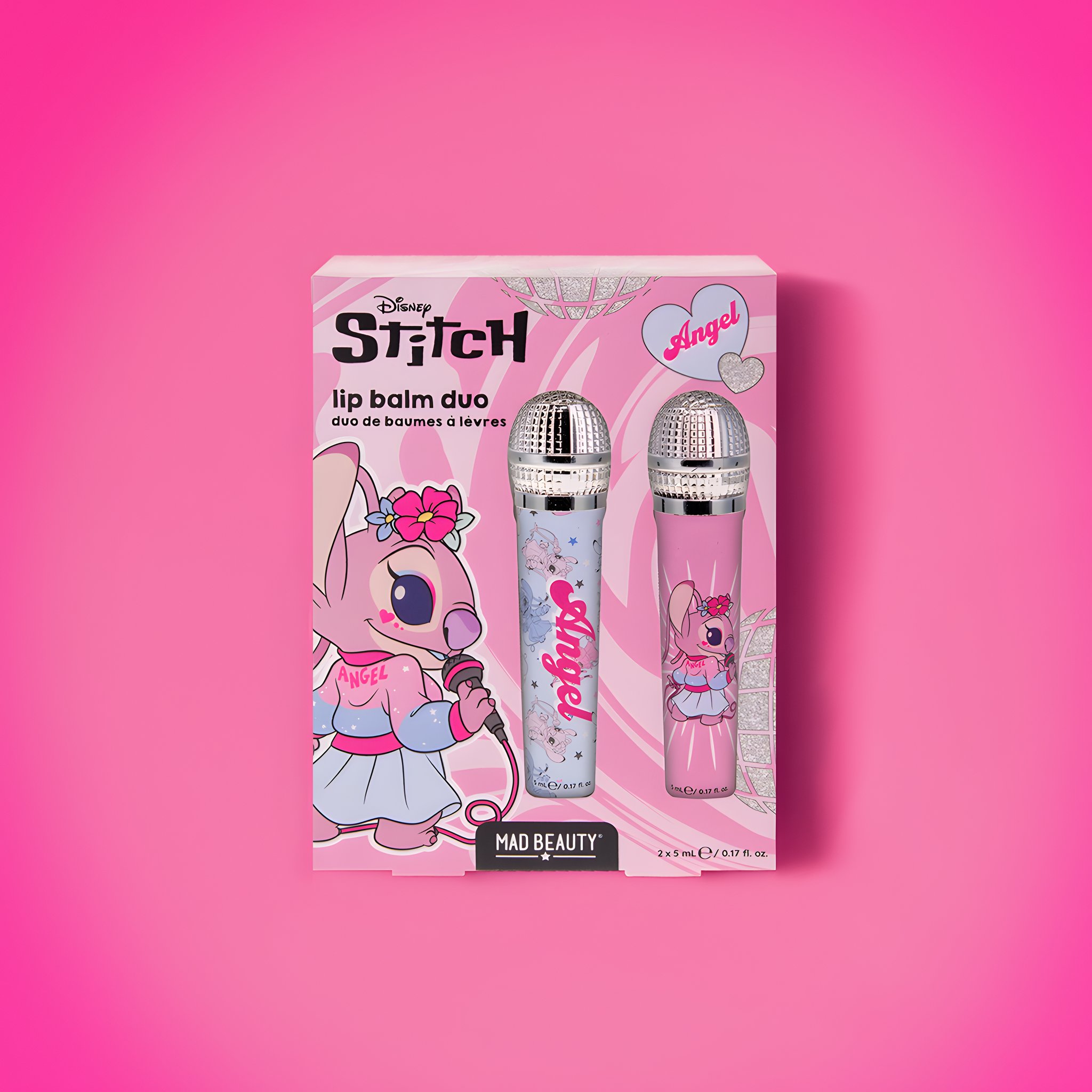 Duo di balsami labbra Stitch Angel nella confezione su sfondo rosa