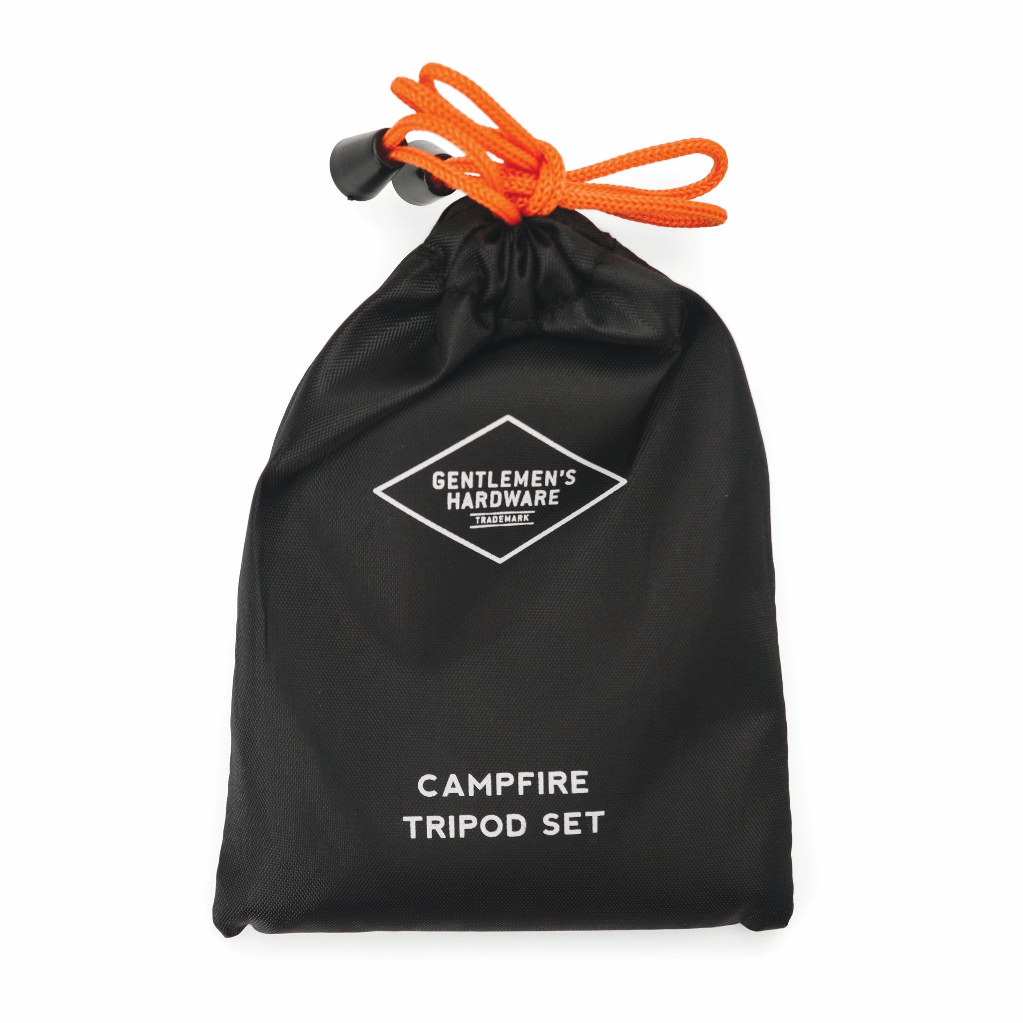 Black storage bag of the Campfire Tripod Set with an orange drawstring and a white logo on the front