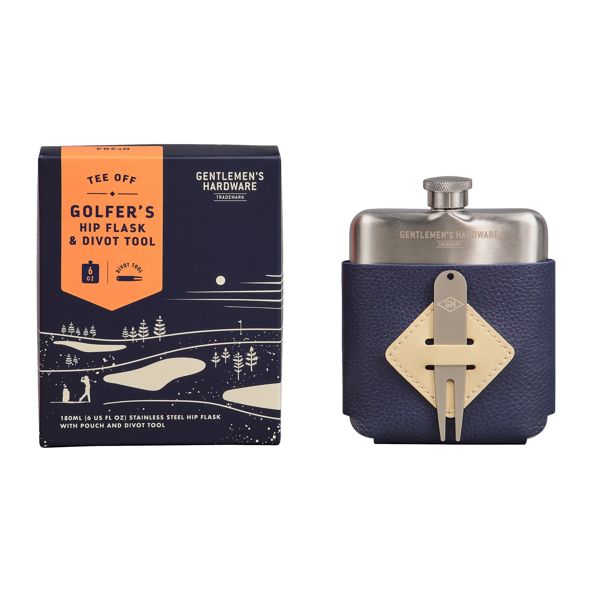 Navy gift box of the Golfer’s Hip Flask & Divot Tool Set beside the flask in its pouch with the divot tool tucked in