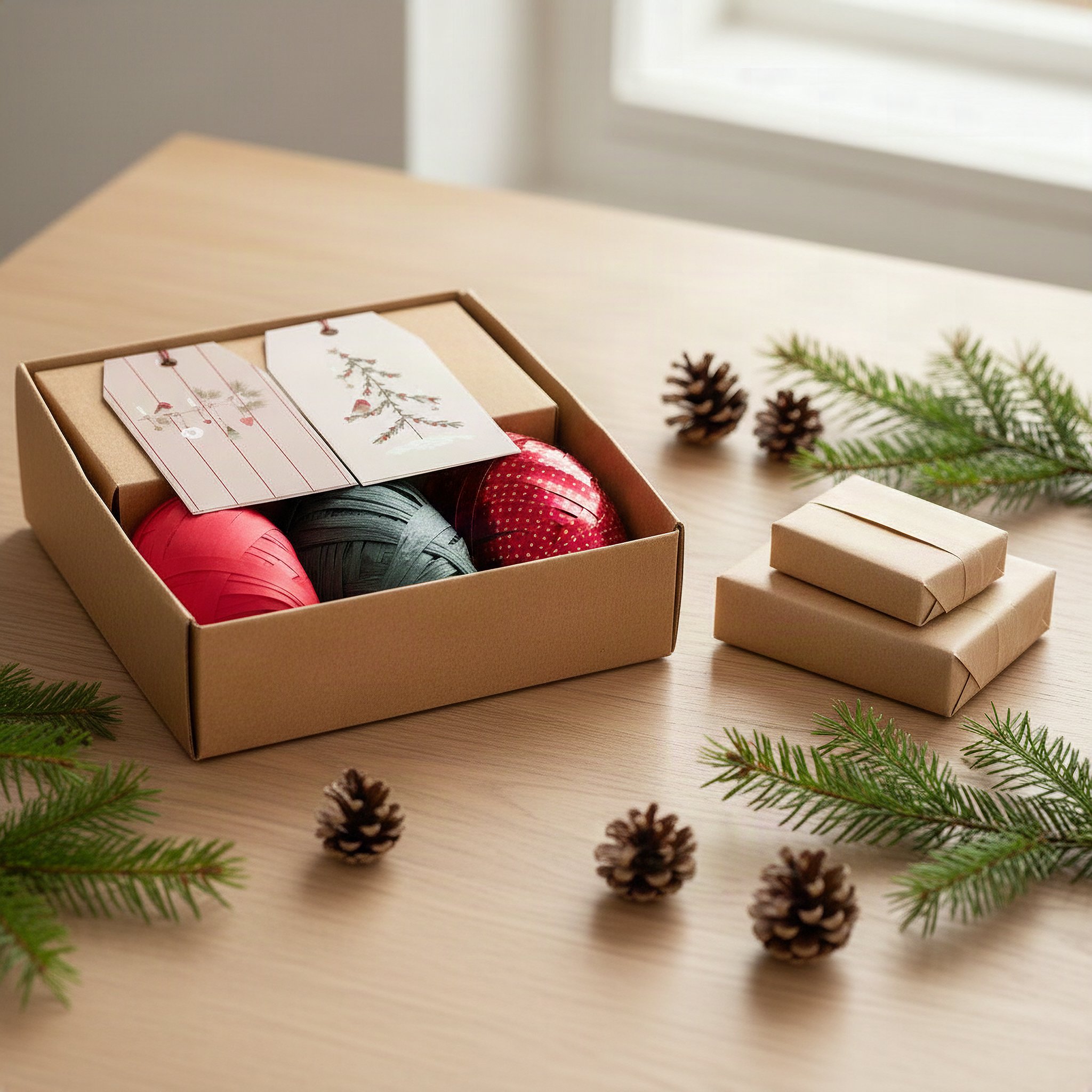 Geschenkband-Set mit Geschenkanhängern in Kartonbox neben kleinen Päckchen auf Holztisch