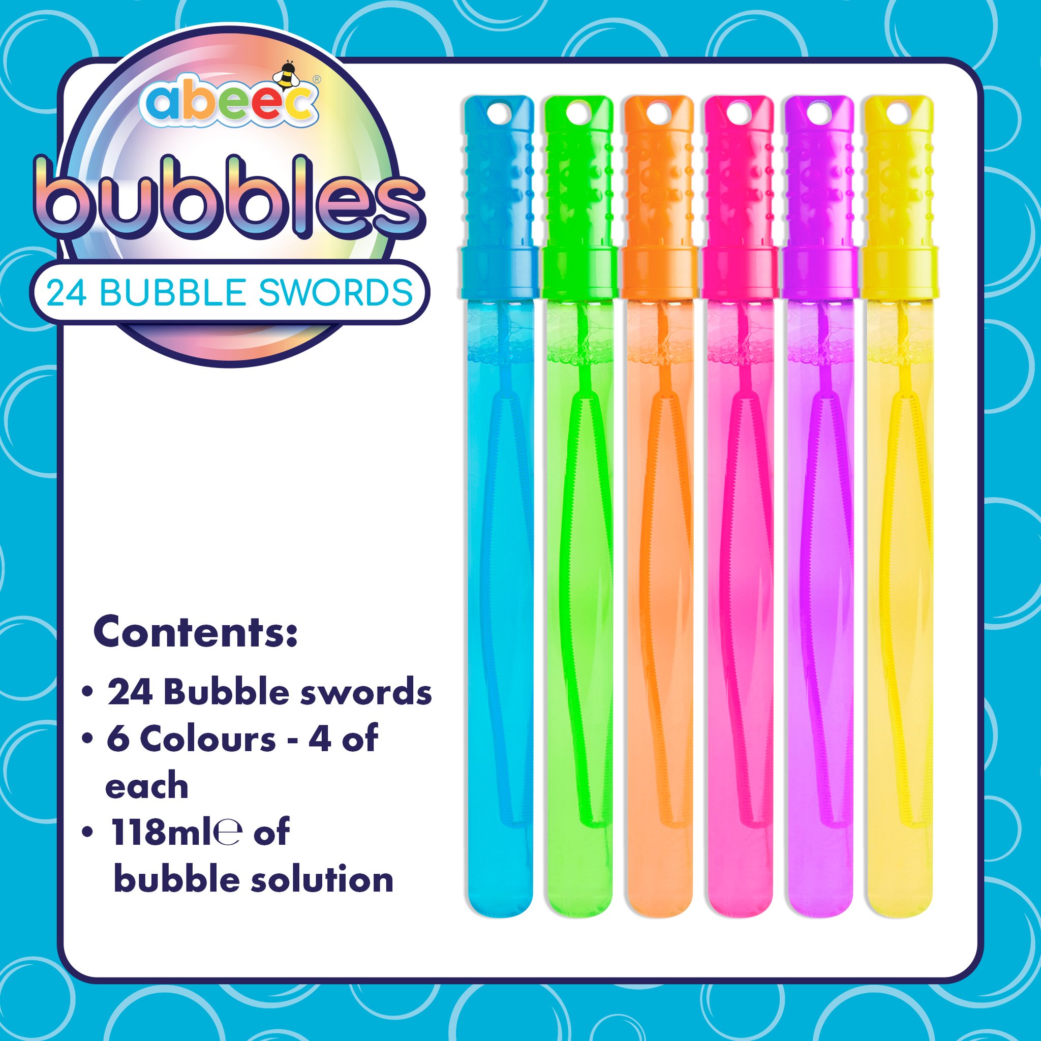 abeec Seifenblasen-Schwerter – 24 Stück, 6 Farben, 118 ml
