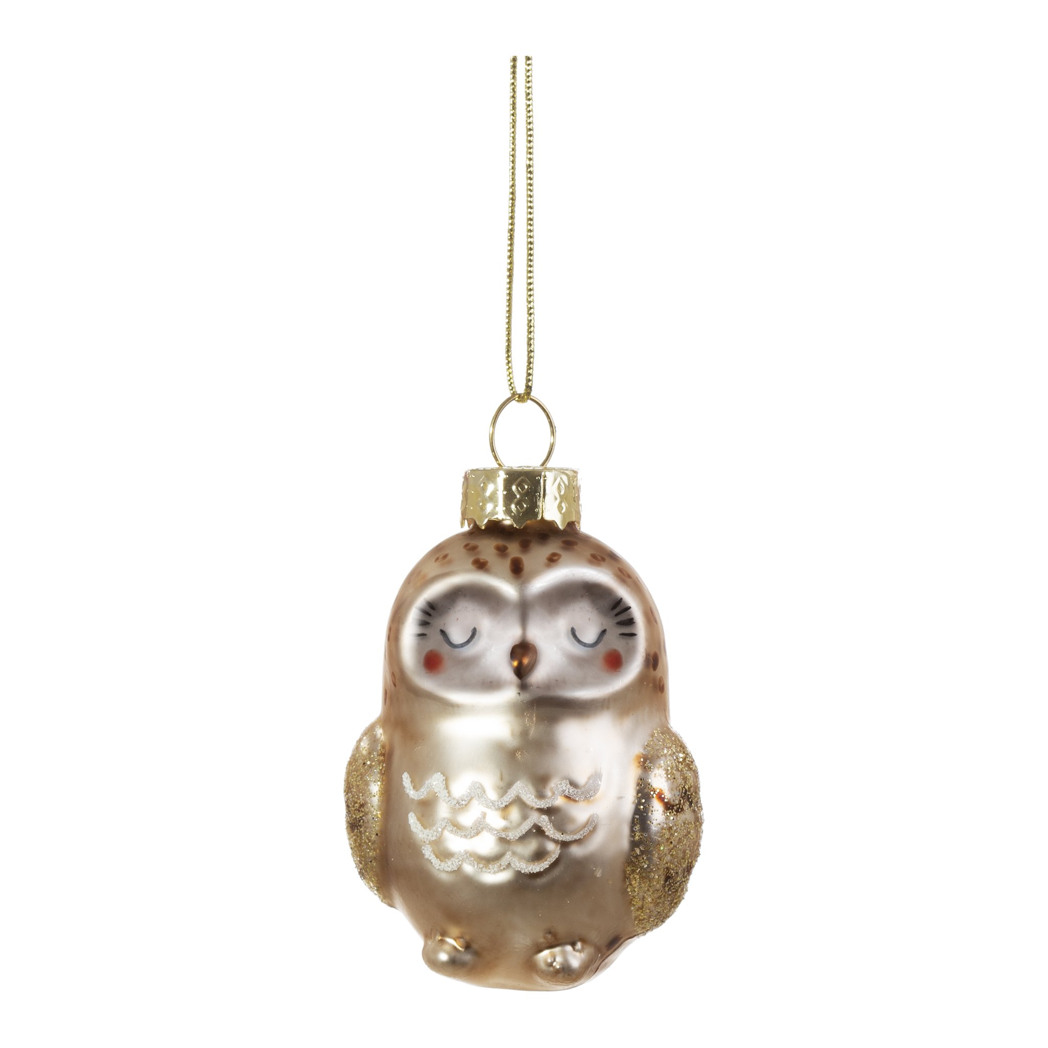 Décoration de sapin hibou détourée, figurine en verre or et crème avec fil doré