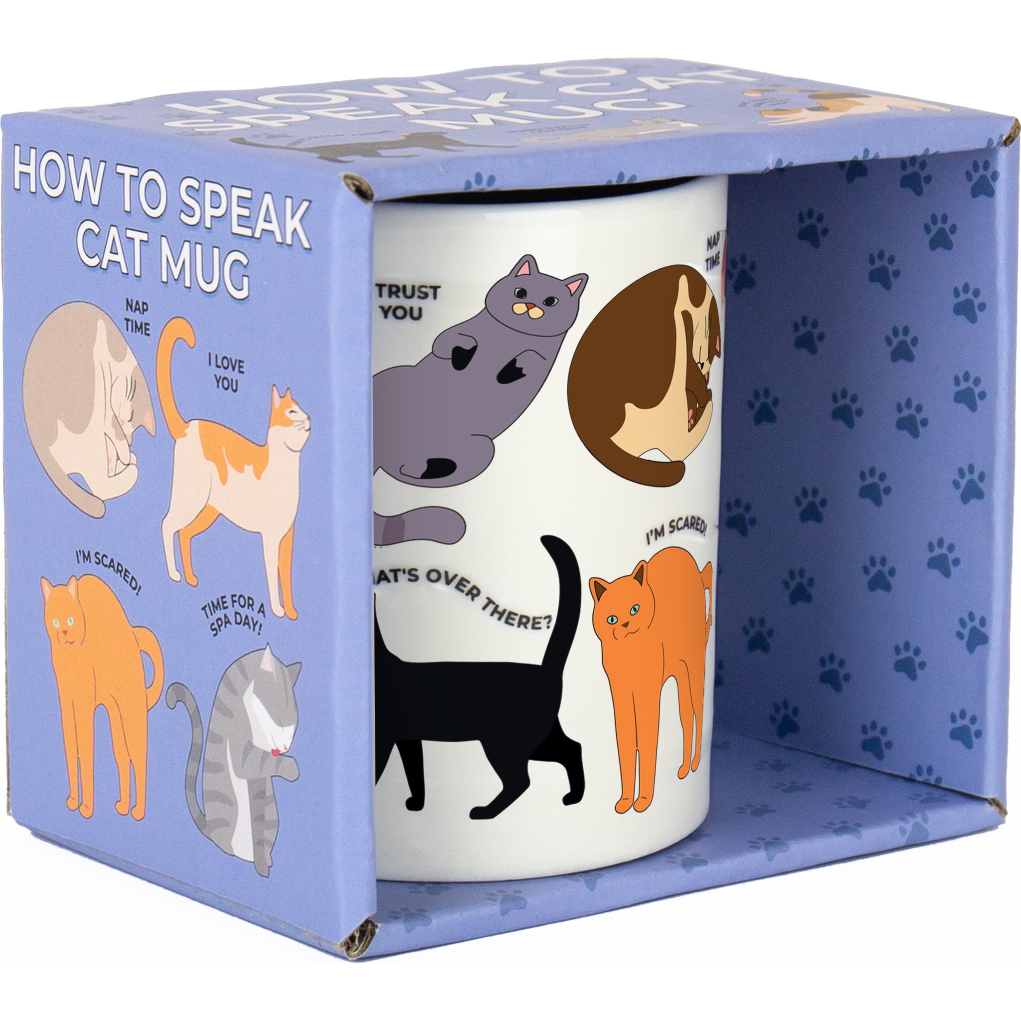 Katzensprache-Tasse in der aufgeklappten Geschenkverpackung