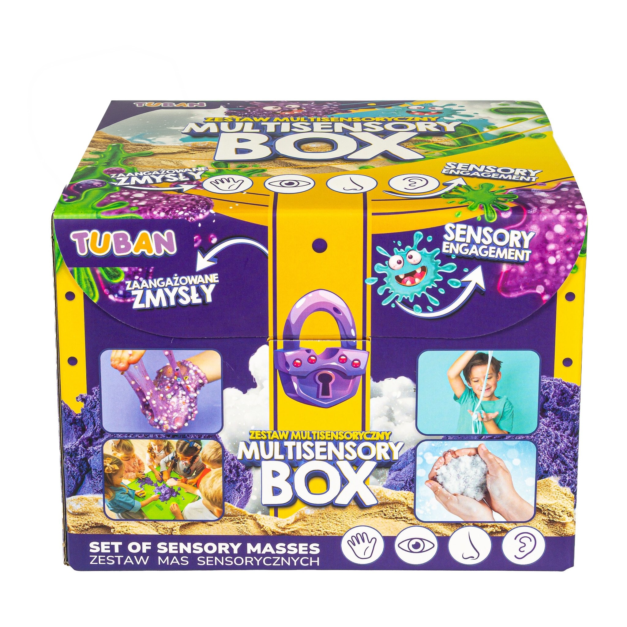 Fronte della Multisensory Box con motivo a lucchetto e immagini delle masse sensoriali