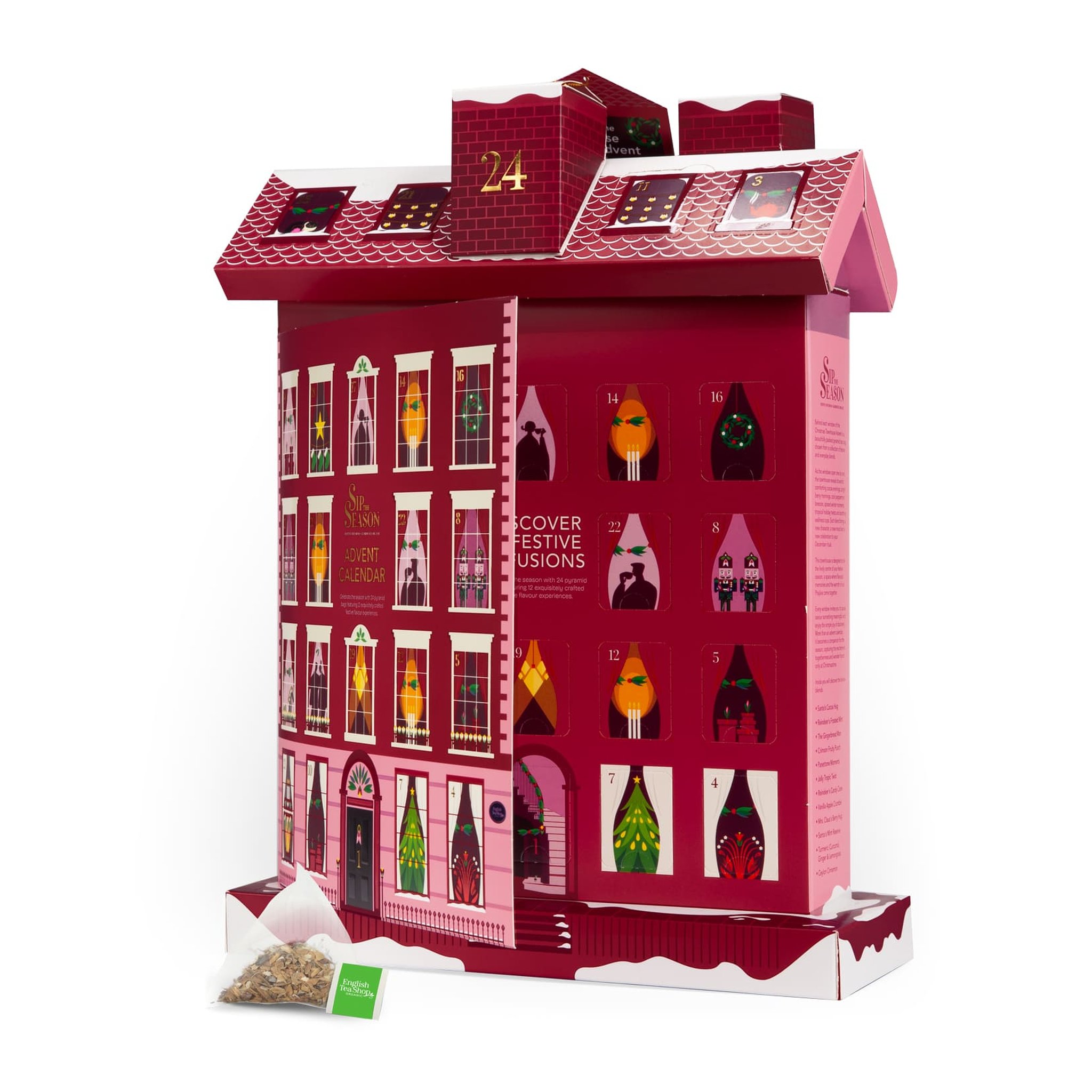 Calendrier de l'Avent au thé en forme de maison de biais, devant un sachet pyramide de thé en vrac