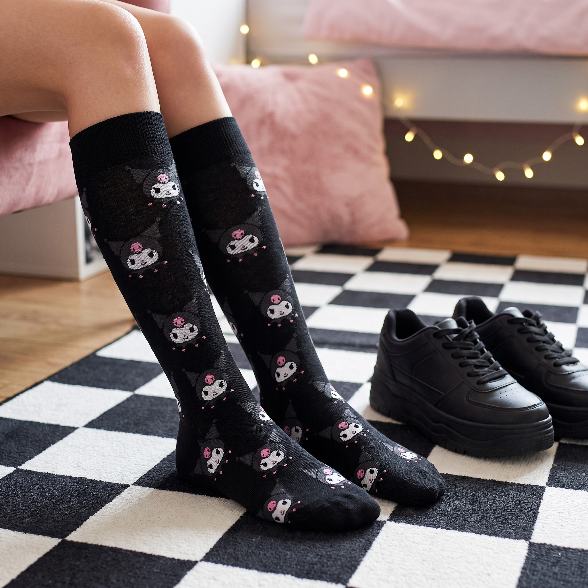 Black Kuromi knee-high socks with all-over pattern, worn on a checkerboard rug