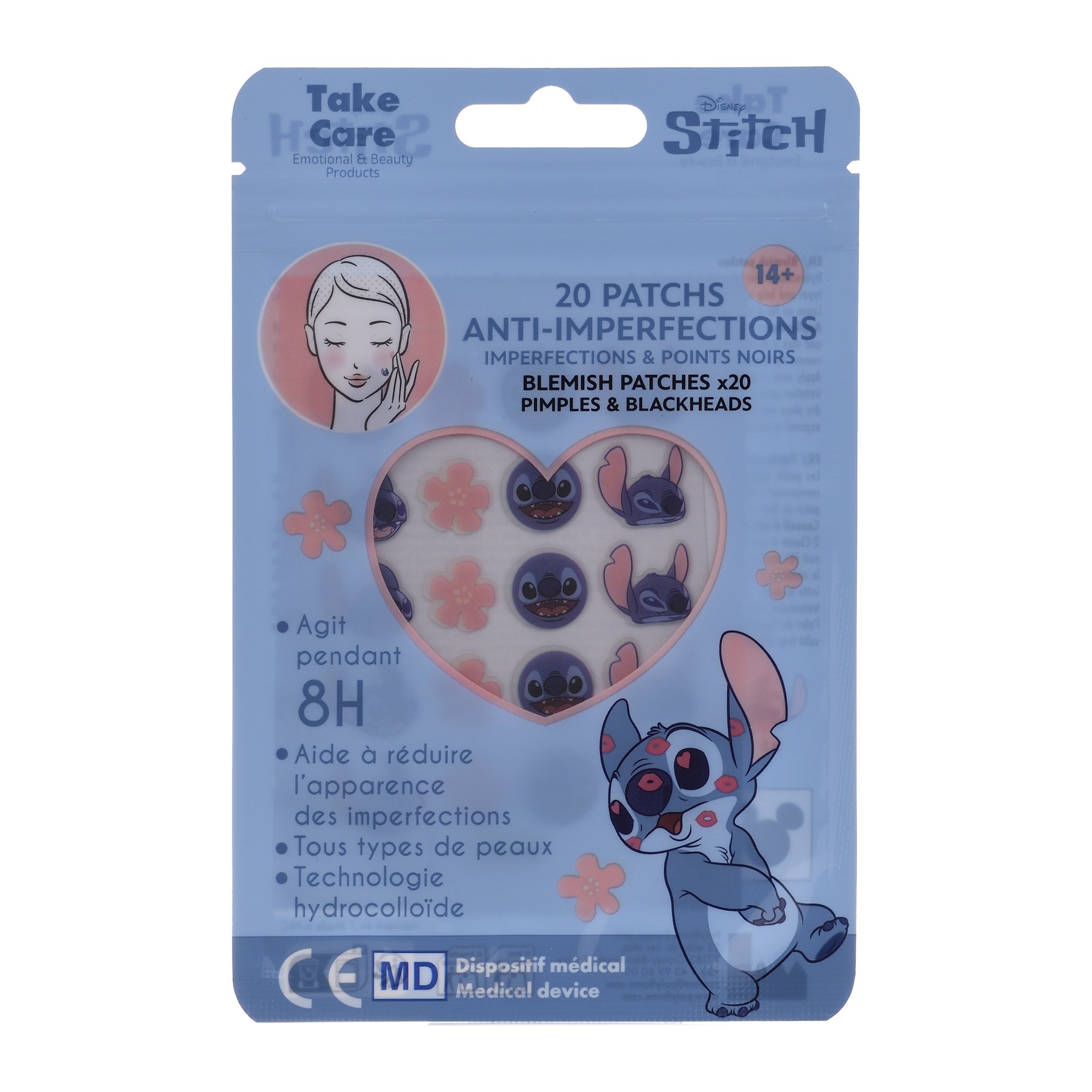 Pouch of 20 Stitch & Angel blemish patches, front with heart-shaped window