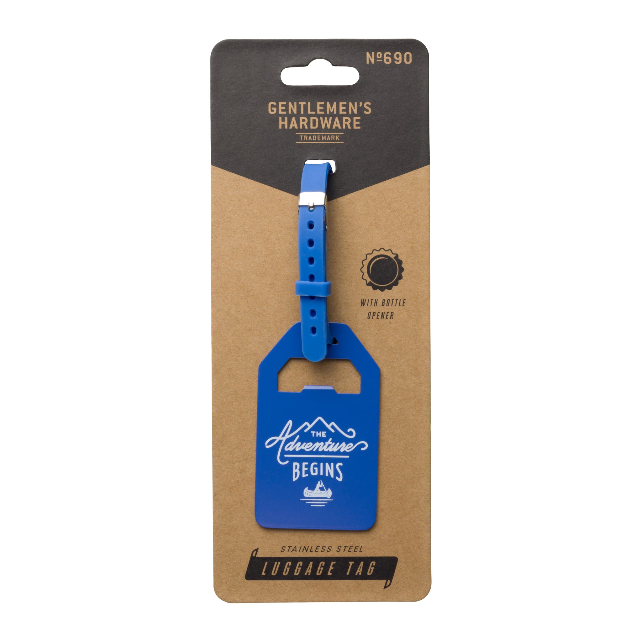 Blauer Gepäckanhänger The Adventure Begins mit Flaschenöffner auf brauner Kartonverpackung von Gentlemen's Hardware
