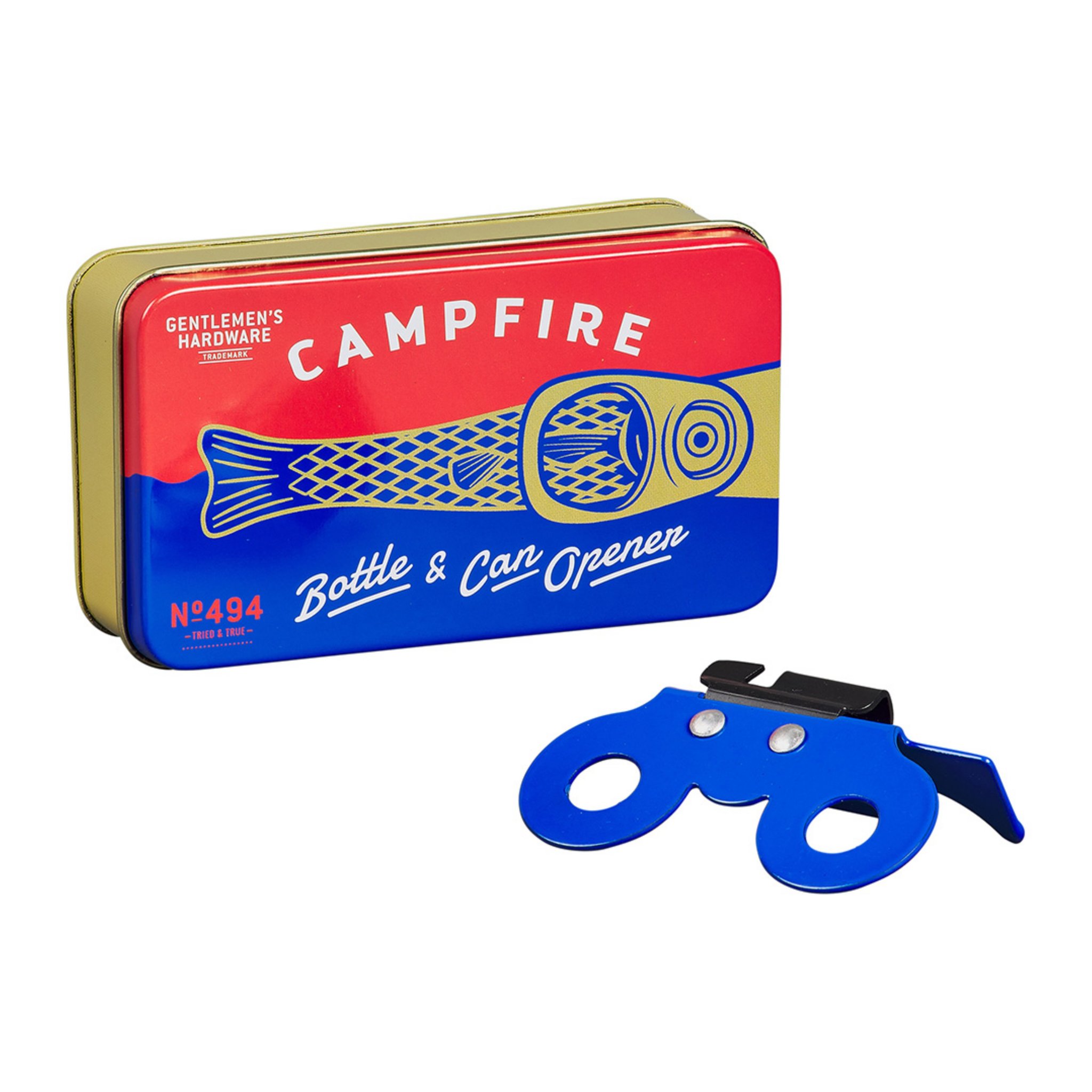 Closed Campfire tin with fish artwork, with the blue Campfire Bottle & Can Opener lying in front of it