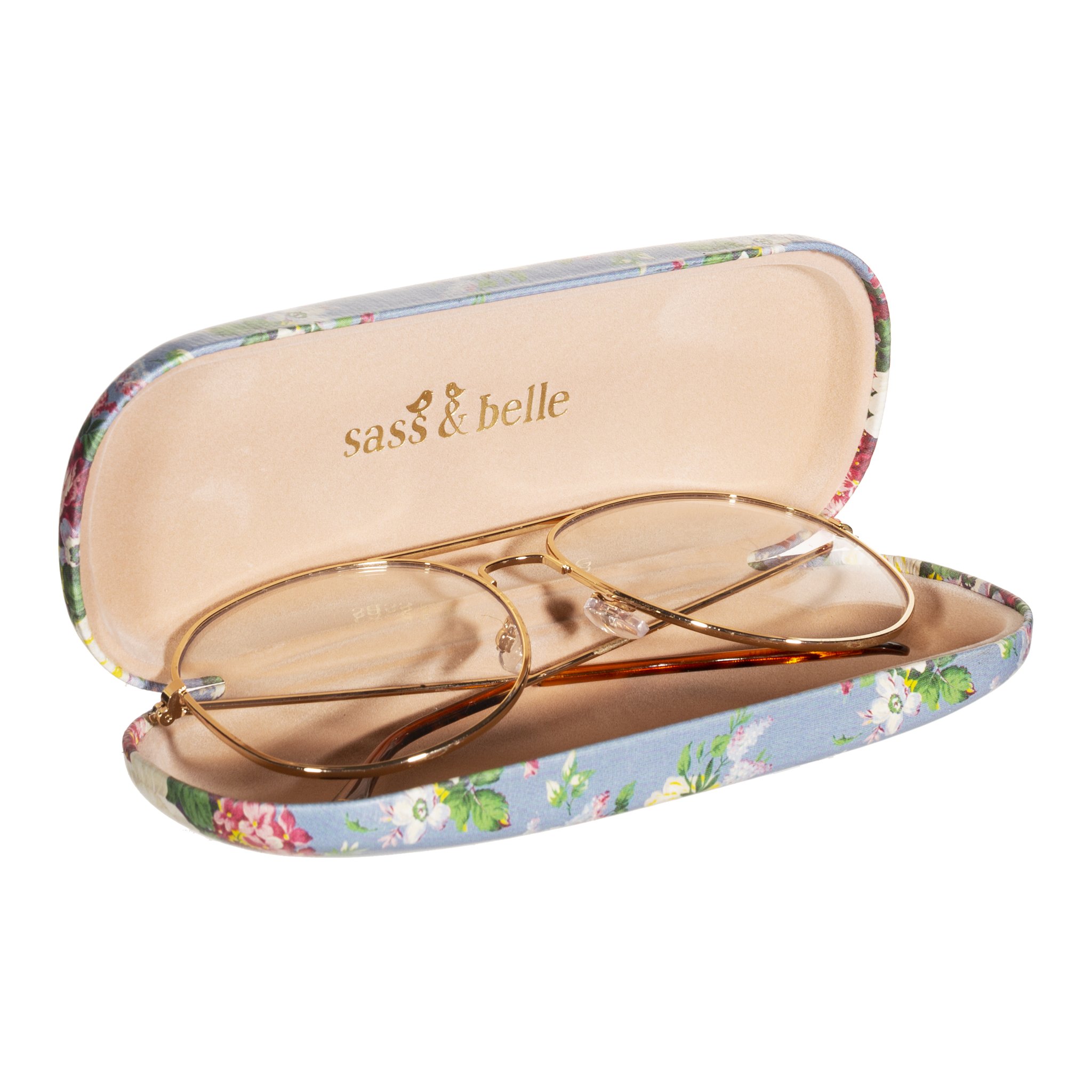 Vintage Rose Brillenetui geöffnet mit Brille und beigem Innenfutter
