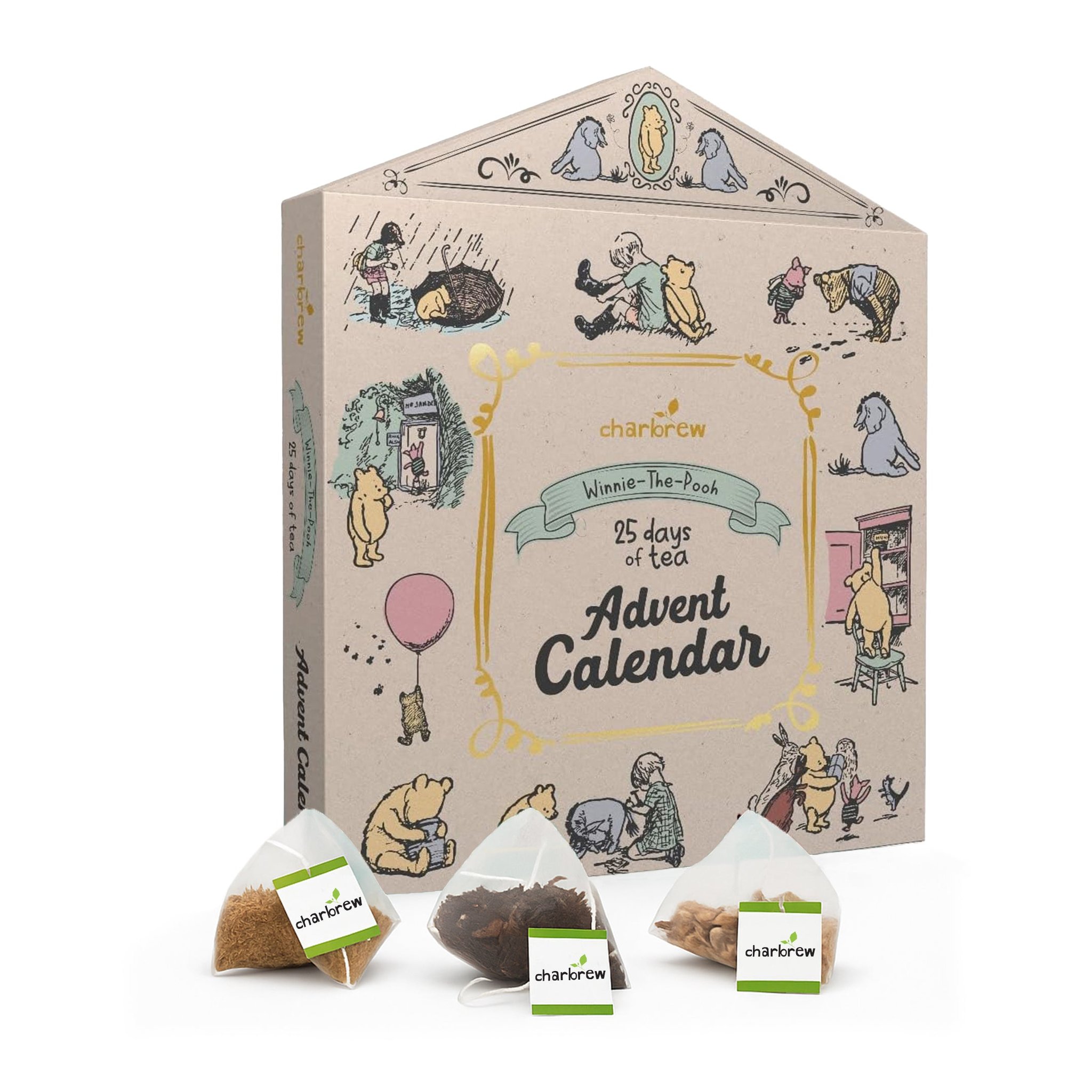 Charbrew Winnie the Pooh tea advent calendar shaped like a house, with three pyramid tea bags