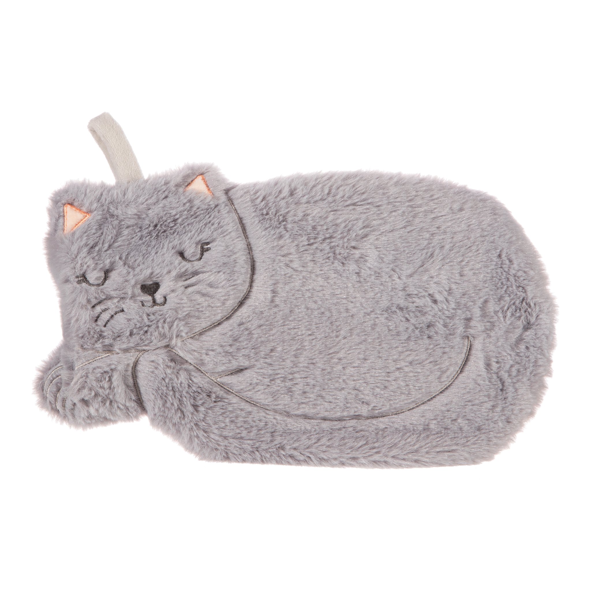 Graue Katze Wärmflasche von Sass & Belle, Plüschbezug mit schlafender Katze, Vorderansicht