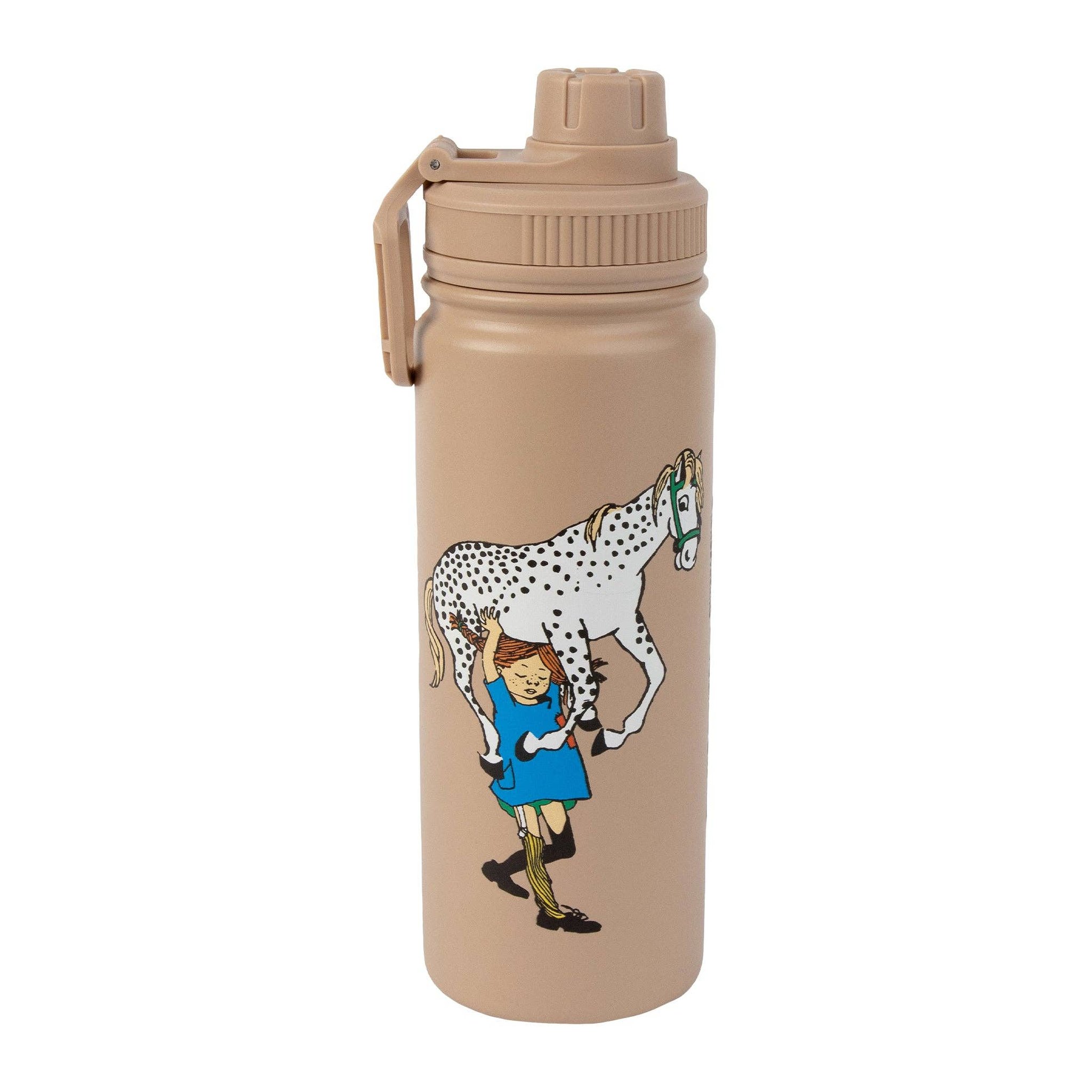 Pippi lifting her horse above her head, printed on the back of the thermal bottle
