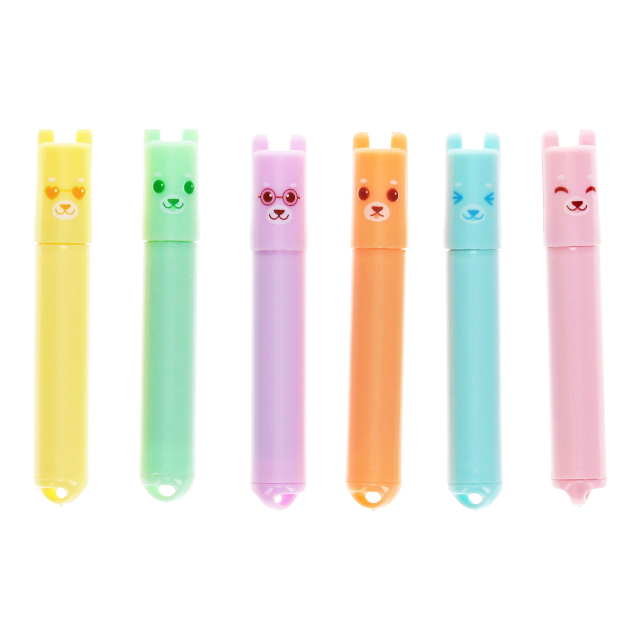 Les six mini surligneurs ours avec capuchons jaune, vert, violet, orange, bleu et rose