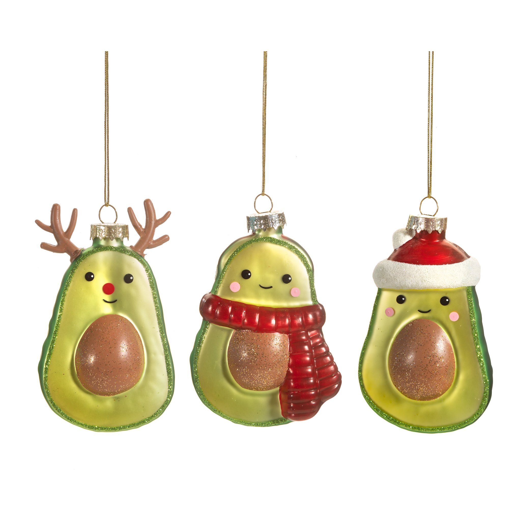 Set de décorations de Noël avocat Sass & Belle, trois avocats en verre avec bois, écharpe et bonnet, détourés