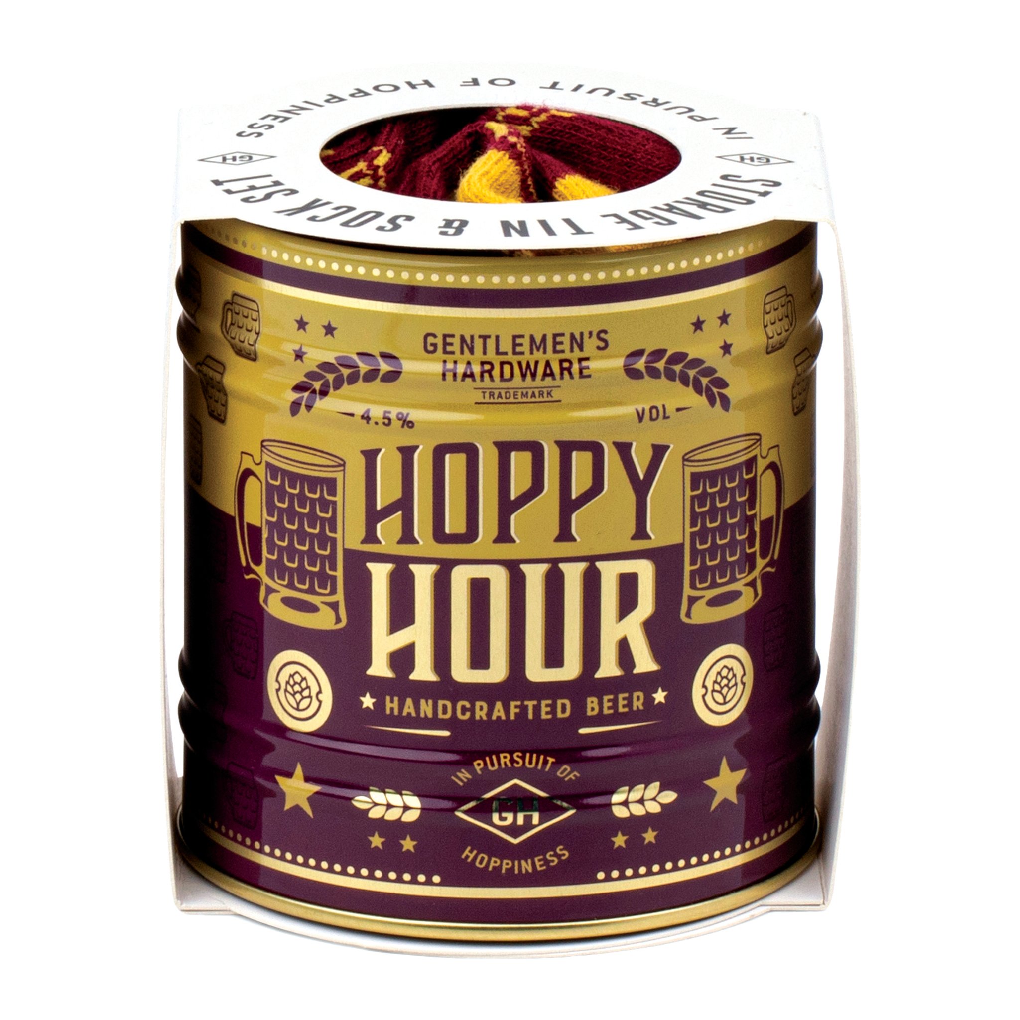 Socks in a Can - Beer: burgundy and gold «Hoppy Hour» tin with a paper band and socks peeking out the top