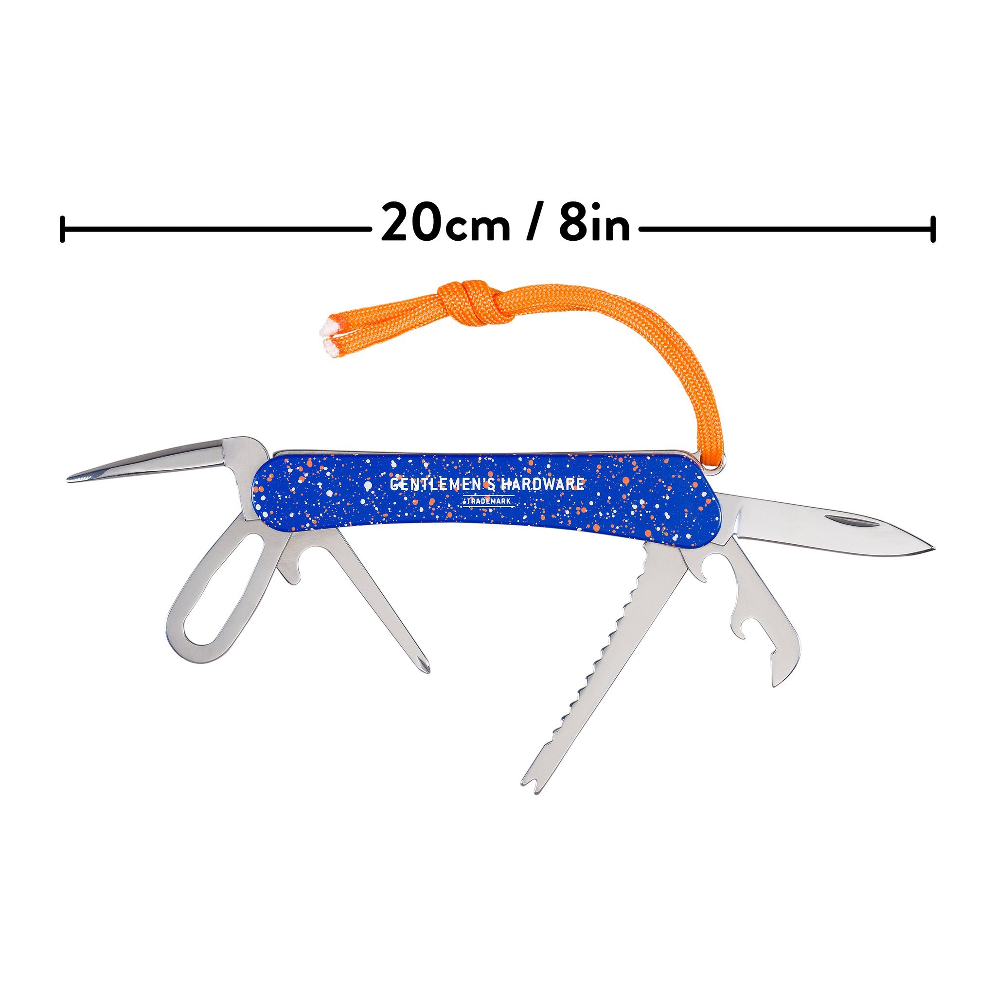 Marine Multitool mit ausgeklappten Werkzeugen, darüber eine Bemassungslinie mit Längenangabe