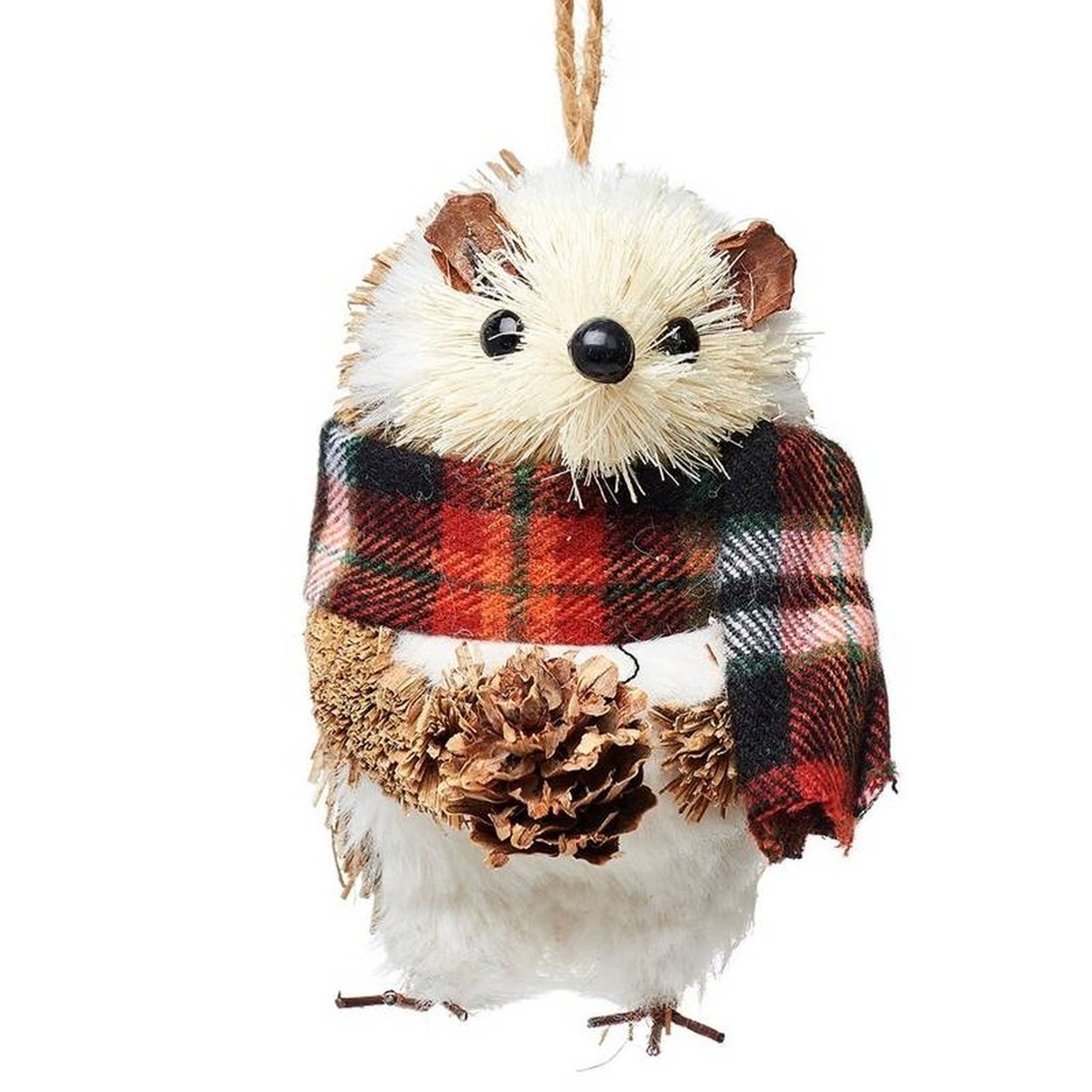 Igel Weihnachtsdekoration freigestellt, Igel aus Naturfasern mit kariertem Schal