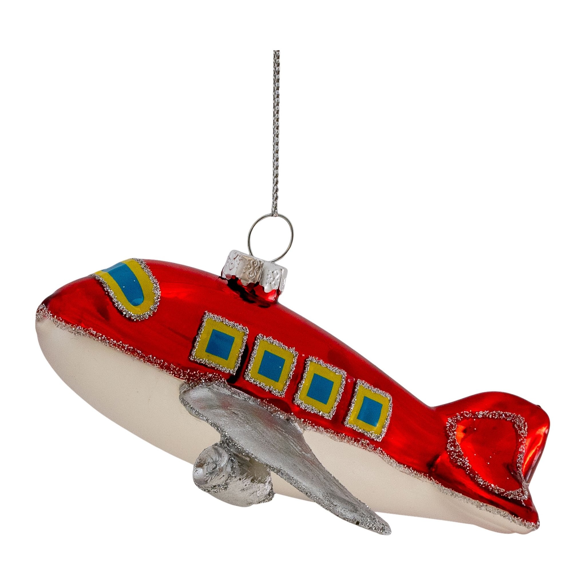 Christbaumschmuck Flugzeug aus rotem Glas mit blauen Fenstern und silbernen Tragflächen