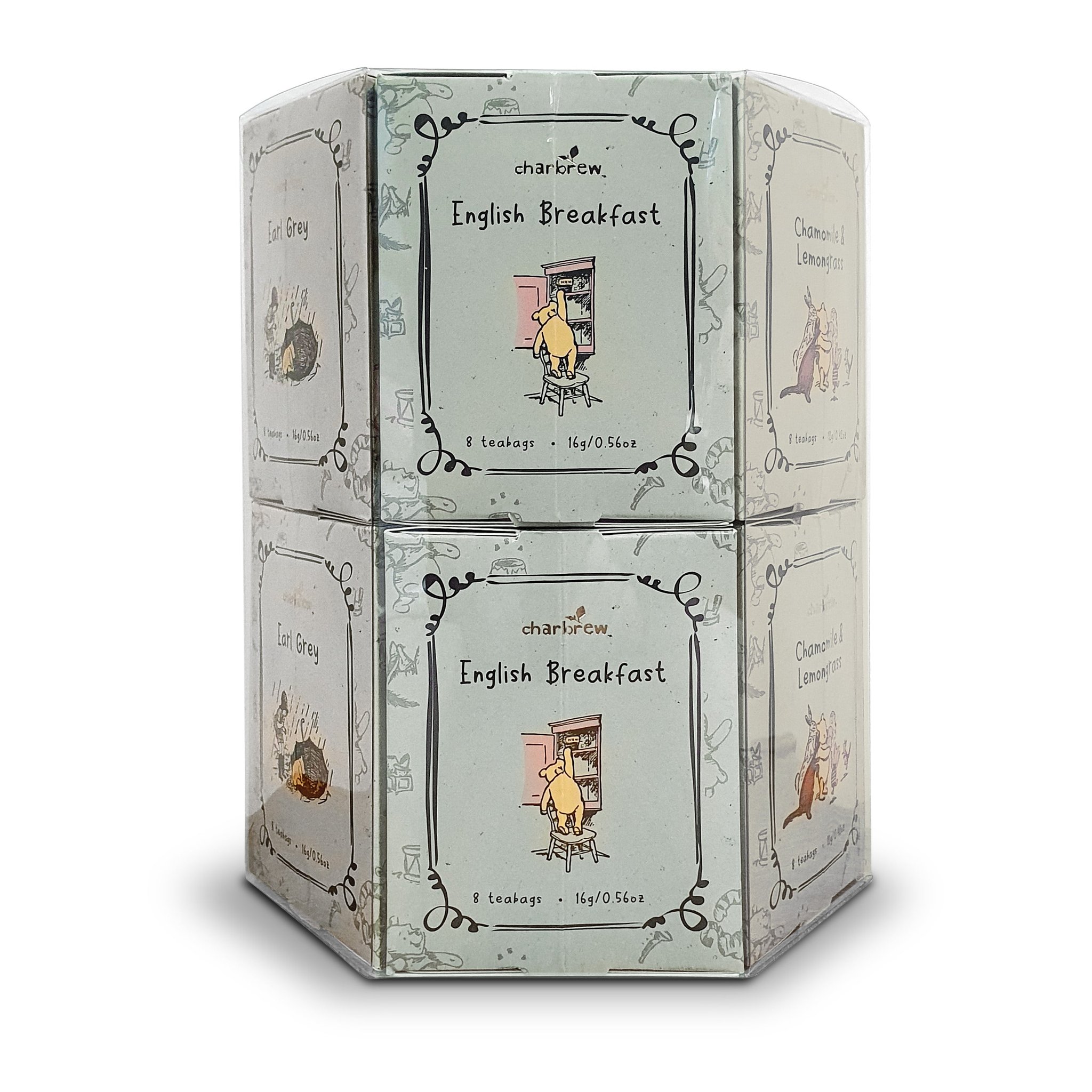 Winnie the Pooh tea box tower showing the English Breakfast flavour in green
